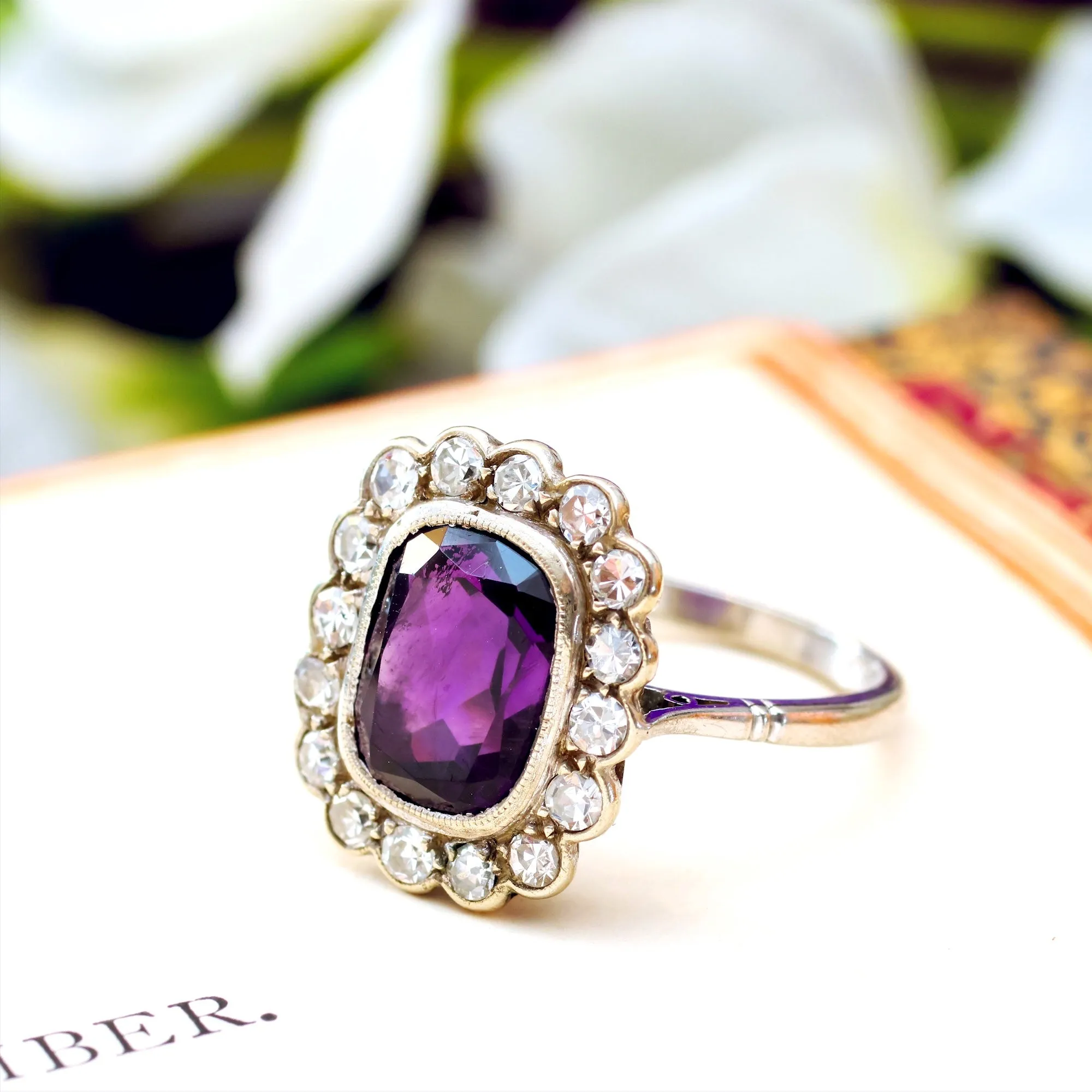 Finest Vintage Amethyst & Diamond Cluster Dress Ring