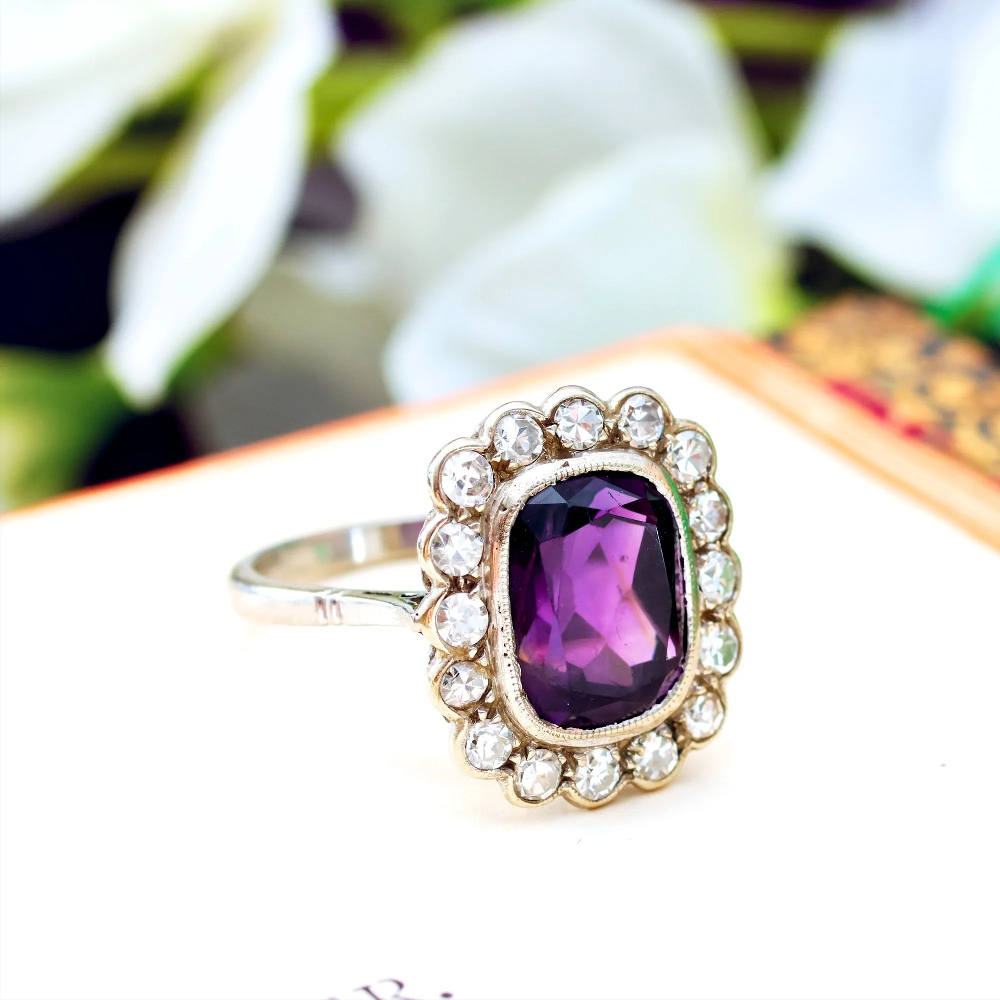 Finest Vintage Amethyst & Diamond Cluster Dress Ring