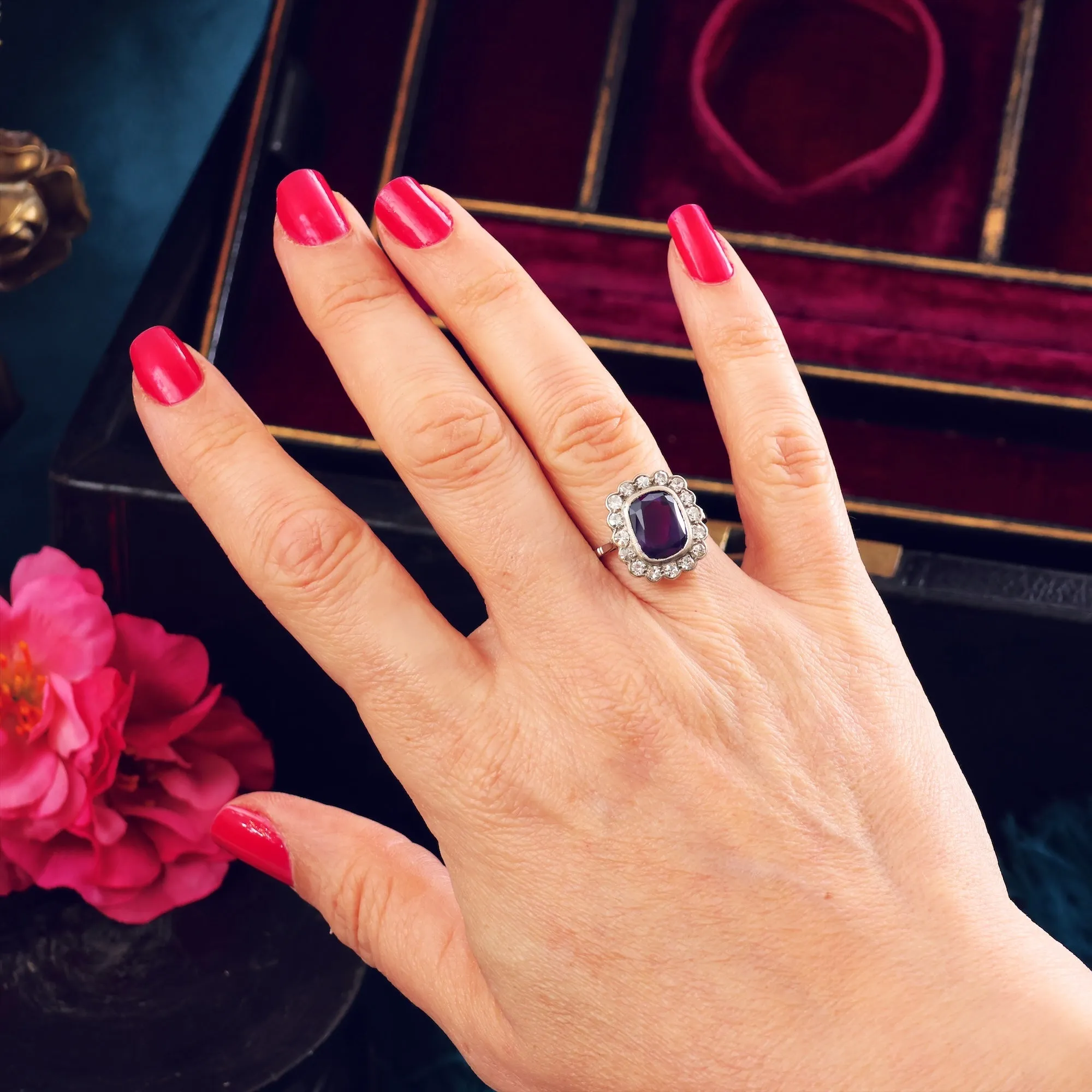 Finest Vintage Amethyst & Diamond Cluster Dress Ring