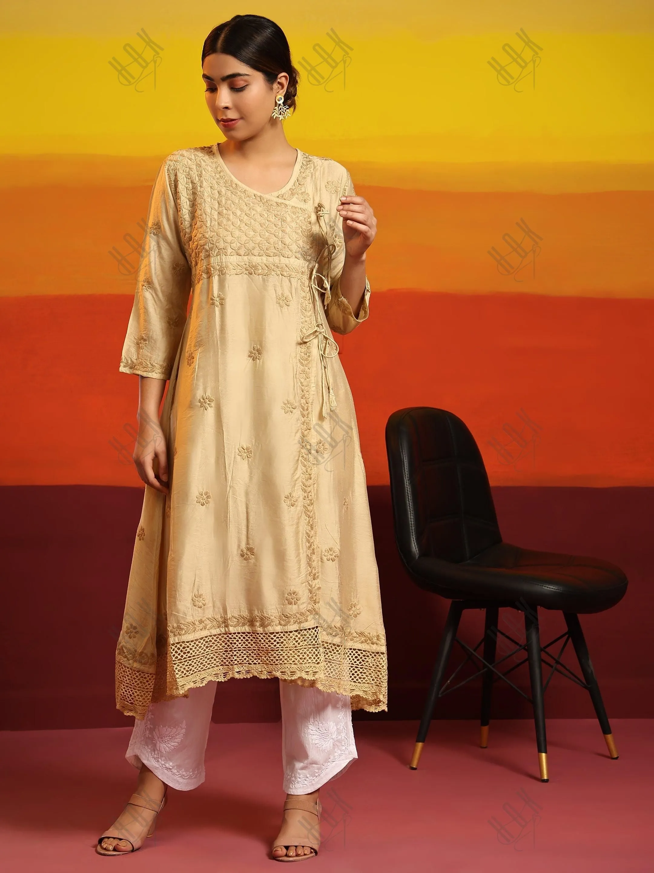 Fizaa Chikankari Angrakha Long Kurta  in Chanderi Silk for Women - Beige