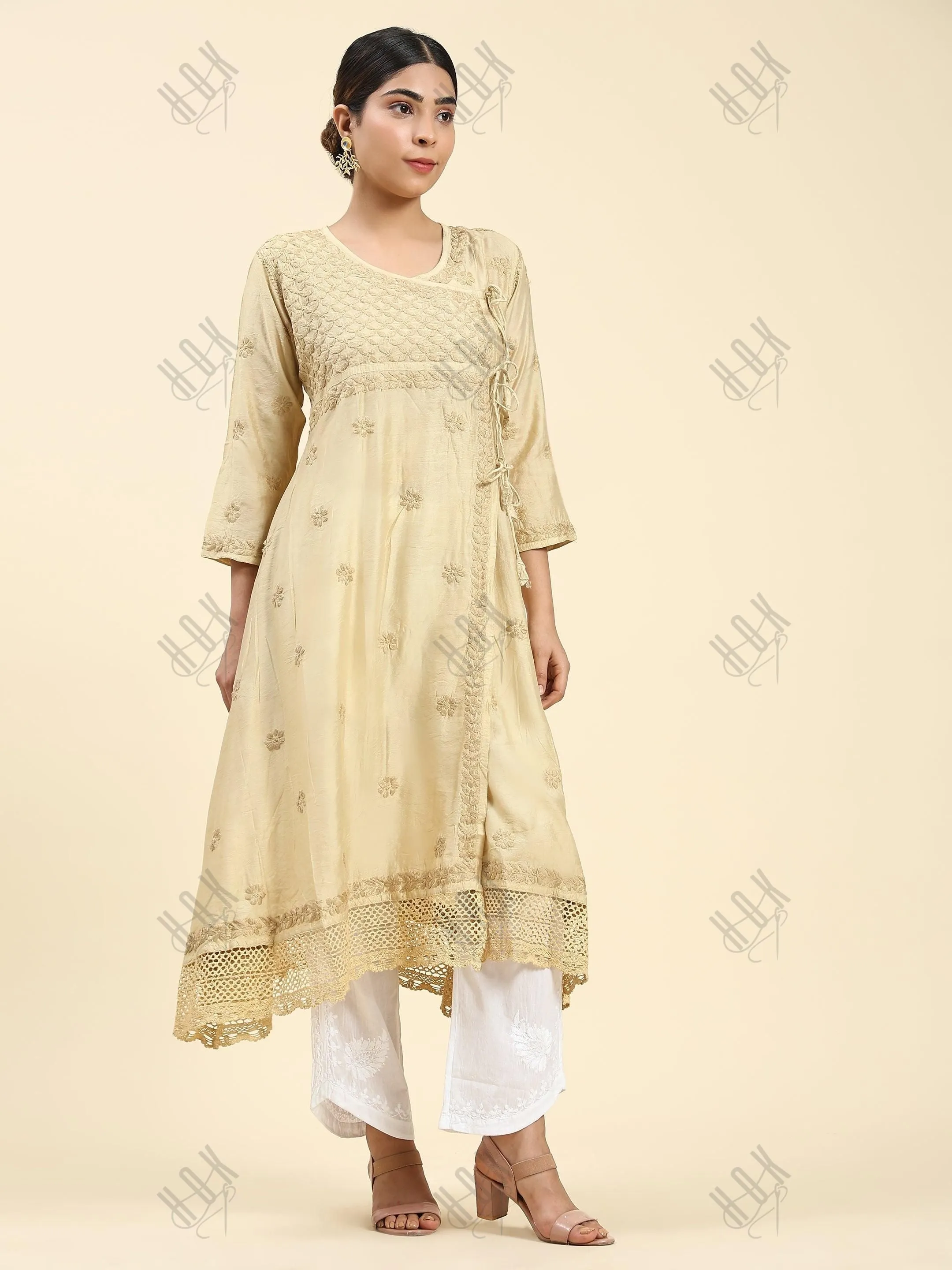 Fizaa Chikankari Angrakha Long Kurta  in Chanderi Silk for Women - Beige