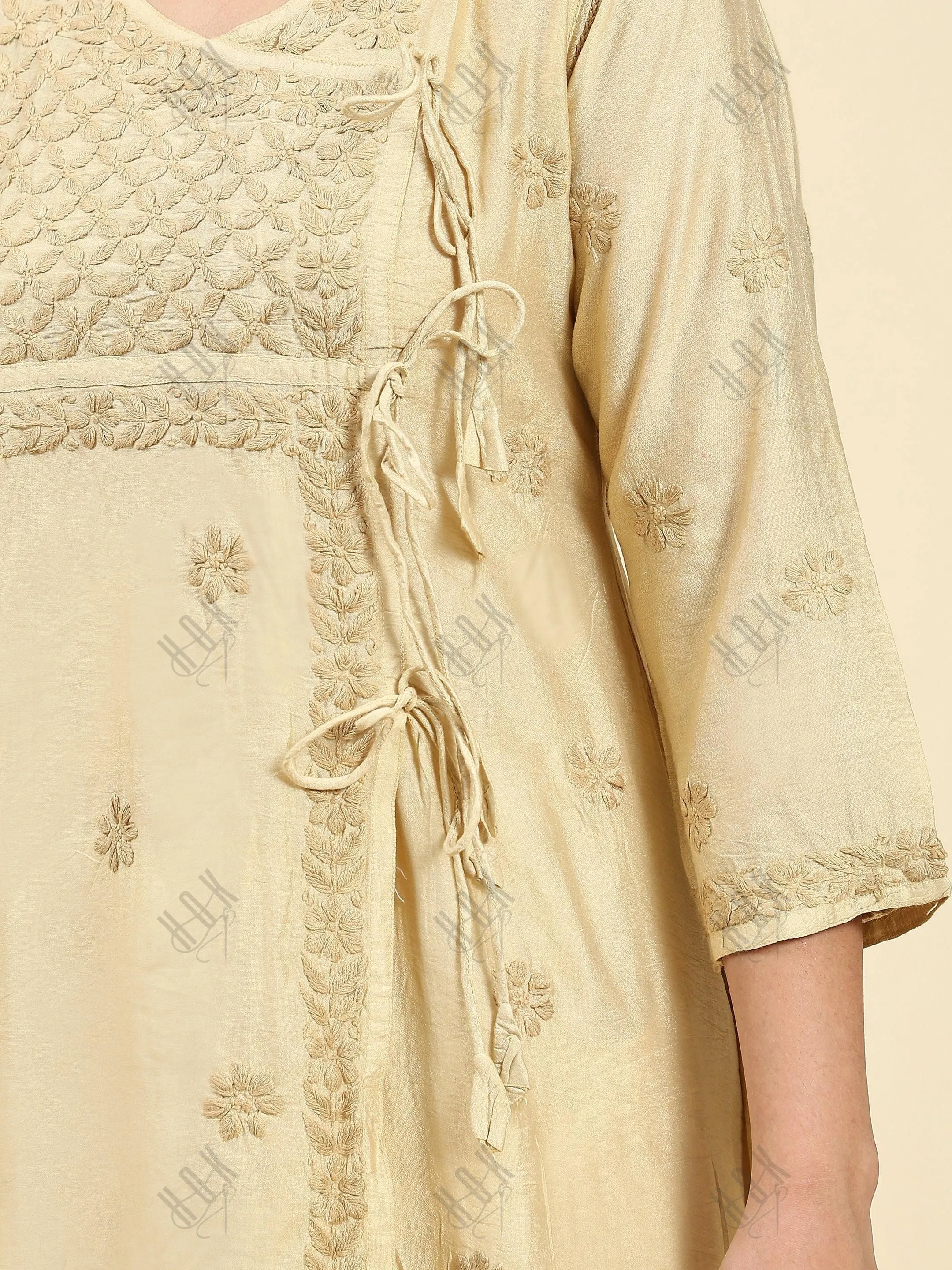 Fizaa Chikankari Angrakha Long Kurta  in Chanderi Silk for Women - Beige