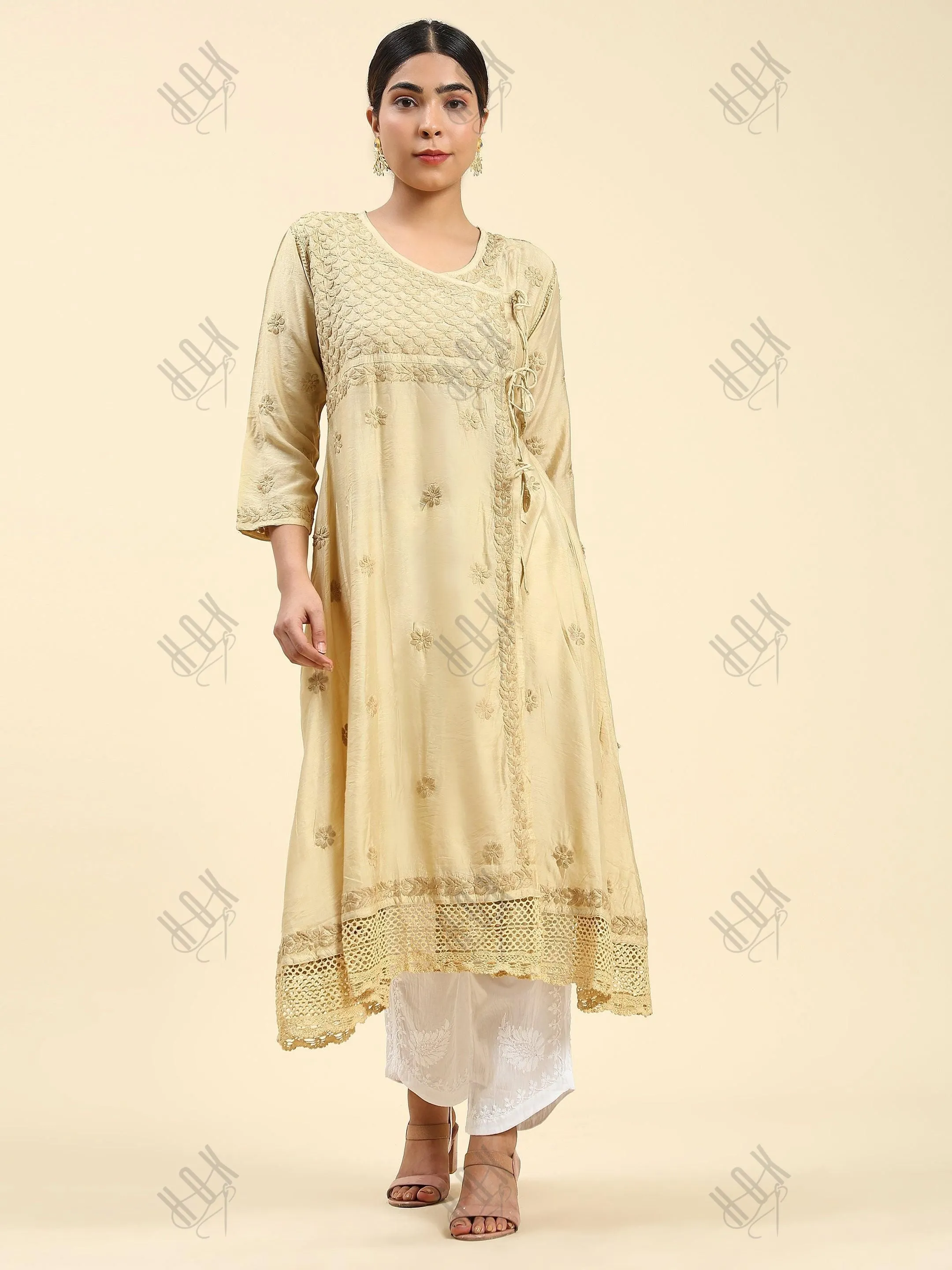 Fizaa Chikankari Angrakha Long Kurta  in Chanderi Silk for Women - Beige