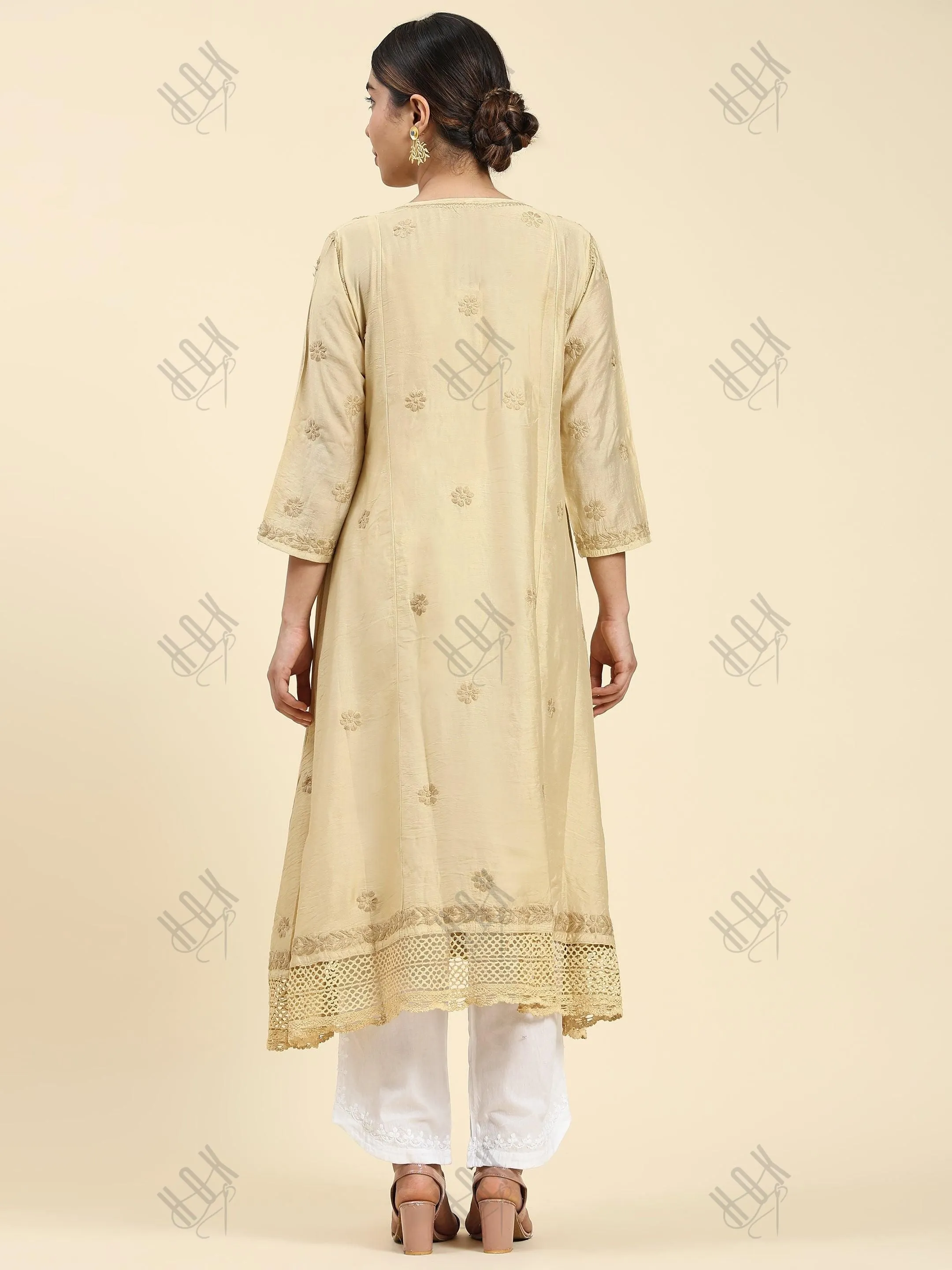 Fizaa Chikankari Angrakha Long Kurta  in Chanderi Silk for Women - Beige