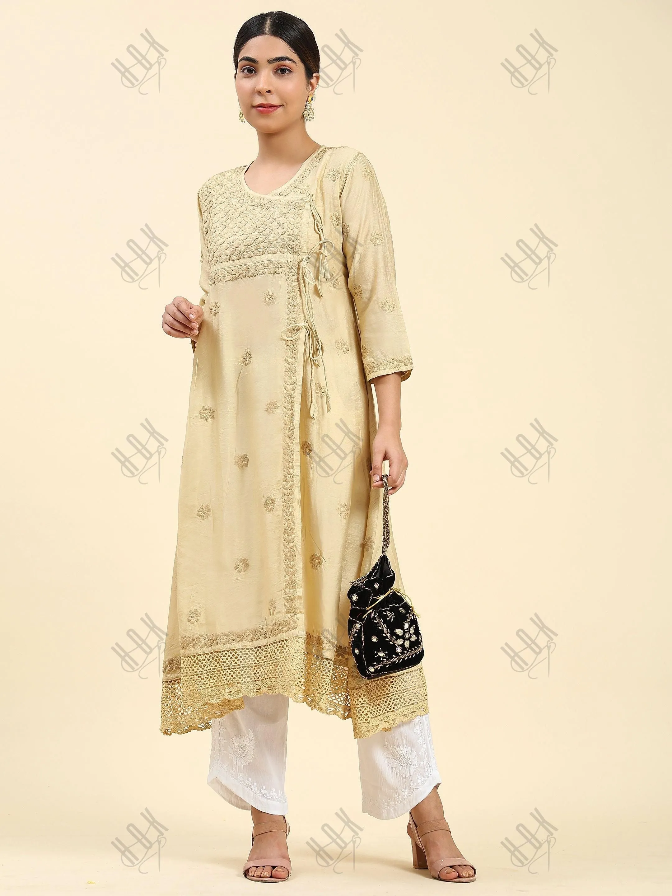 Fizaa Chikankari Angrakha Long Kurta  in Chanderi Silk for Women - Beige