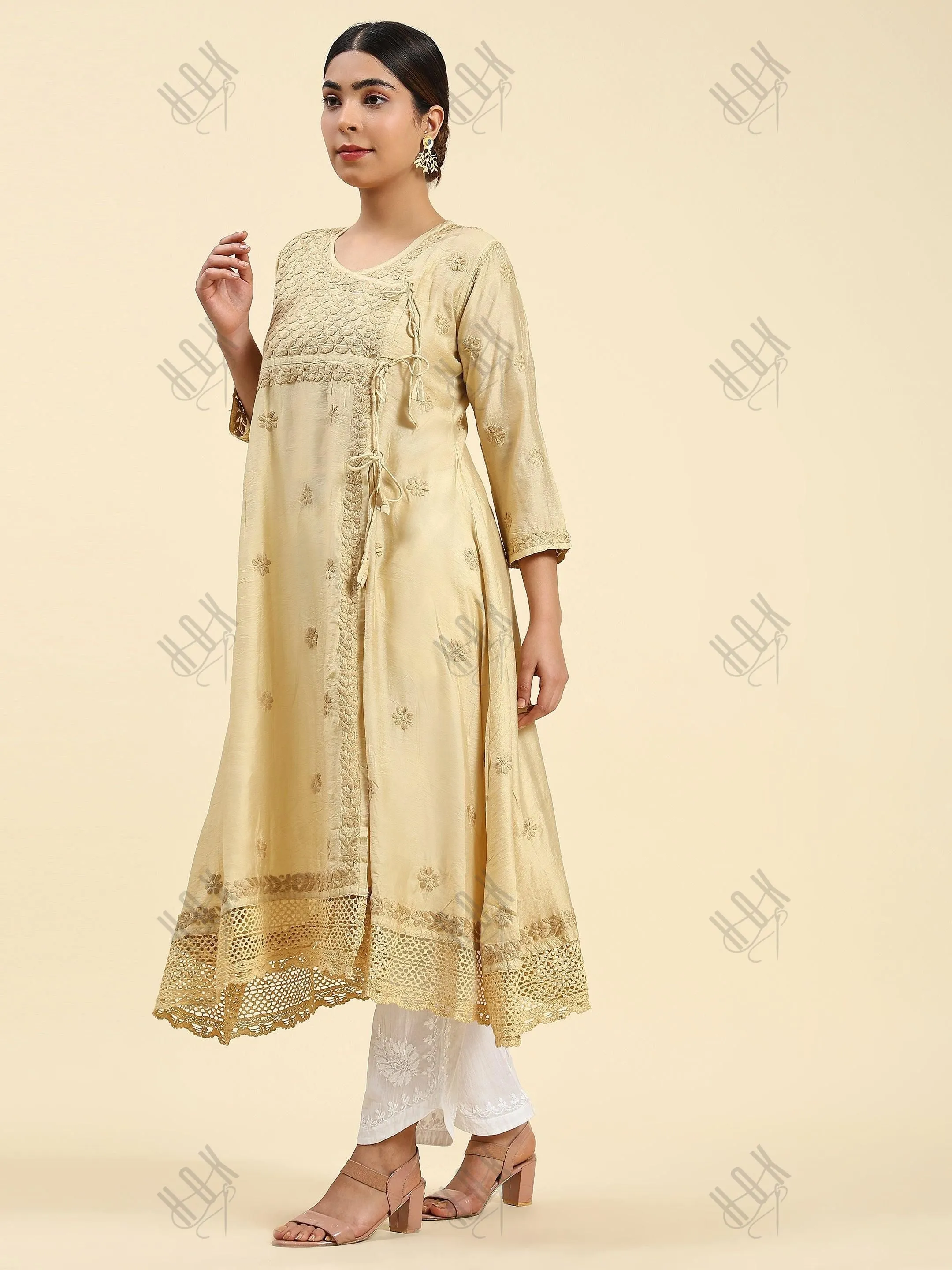 Fizaa Chikankari Angrakha Long Kurta  in Chanderi Silk for Women - Beige