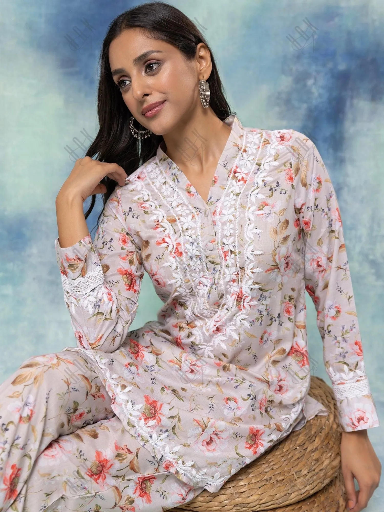 Fizaa Chikankari Co-ord set in Printed Rayon Cotton for Women- White Mulberry