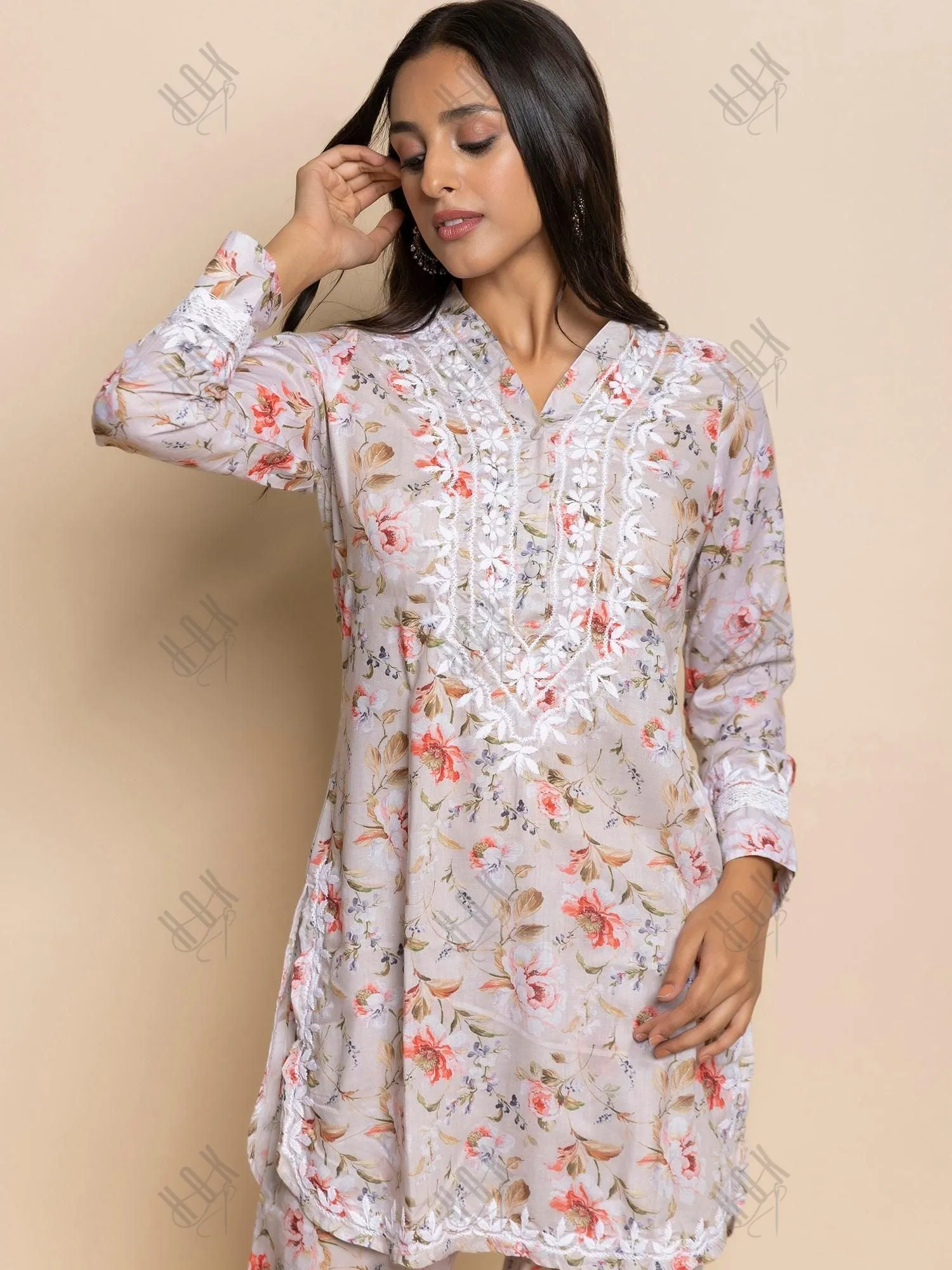 Fizaa Chikankari Co-ord set in Printed Rayon Cotton for Women- White Mulberry