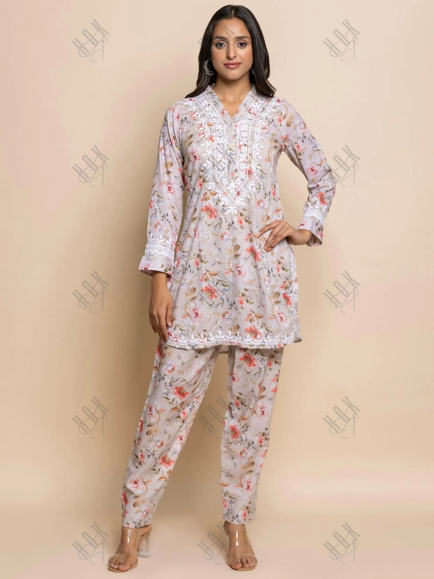 Fizaa Chikankari Co-ord set in Printed Rayon Cotton for Women- White Mulberry