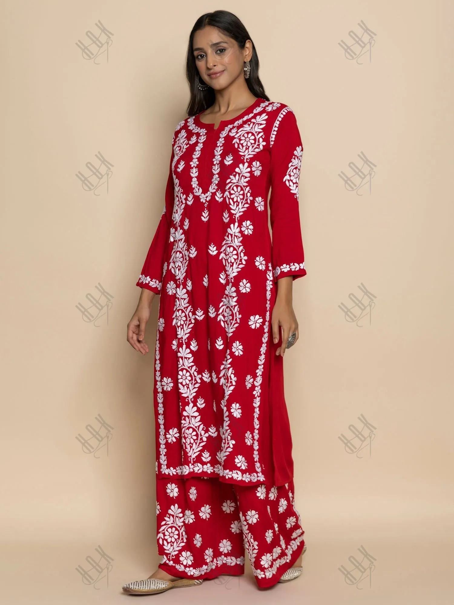 Fizaa chikankari Kurta in Modal cotton with Notch Neck Red