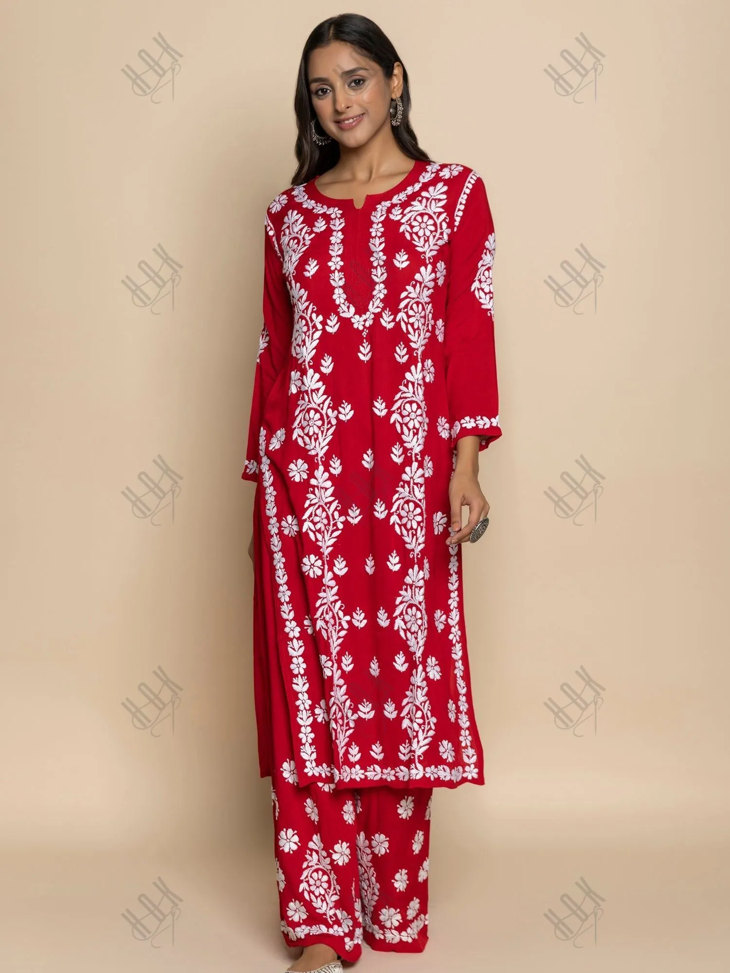 Fizaa chikankari Kurta in Modal cotton with Notch Neck Red