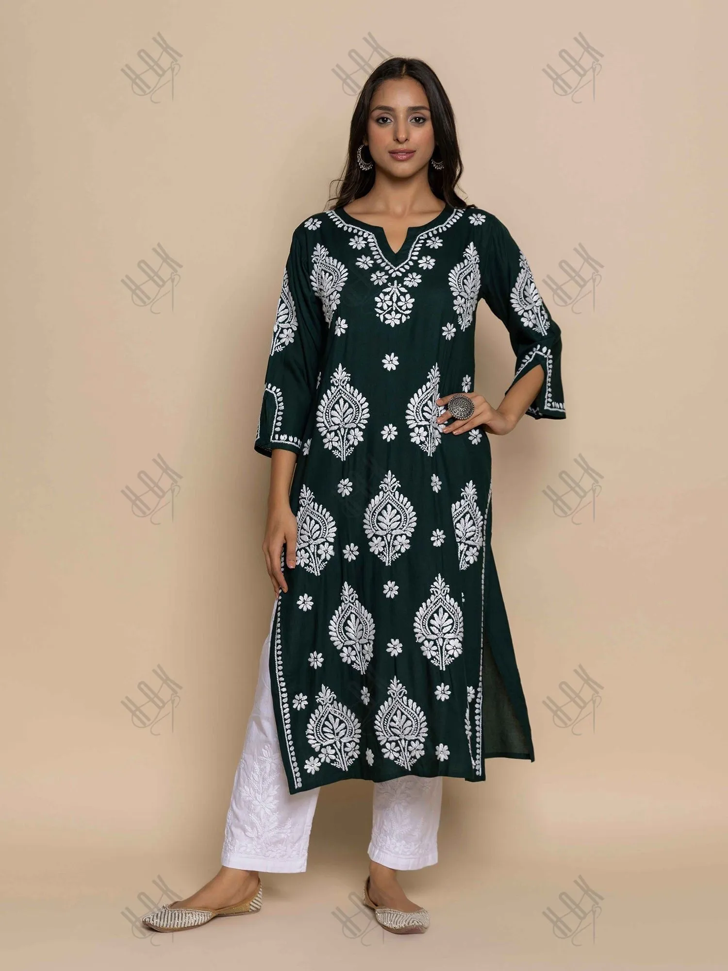 Fizaa Chikankari Kurta in Rayon Cotton Notch Neck Sea Green