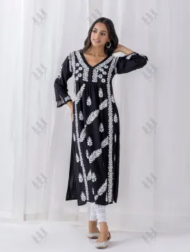 Fizaa Chikankari Kurta in Rayon Cotton V Neck Black