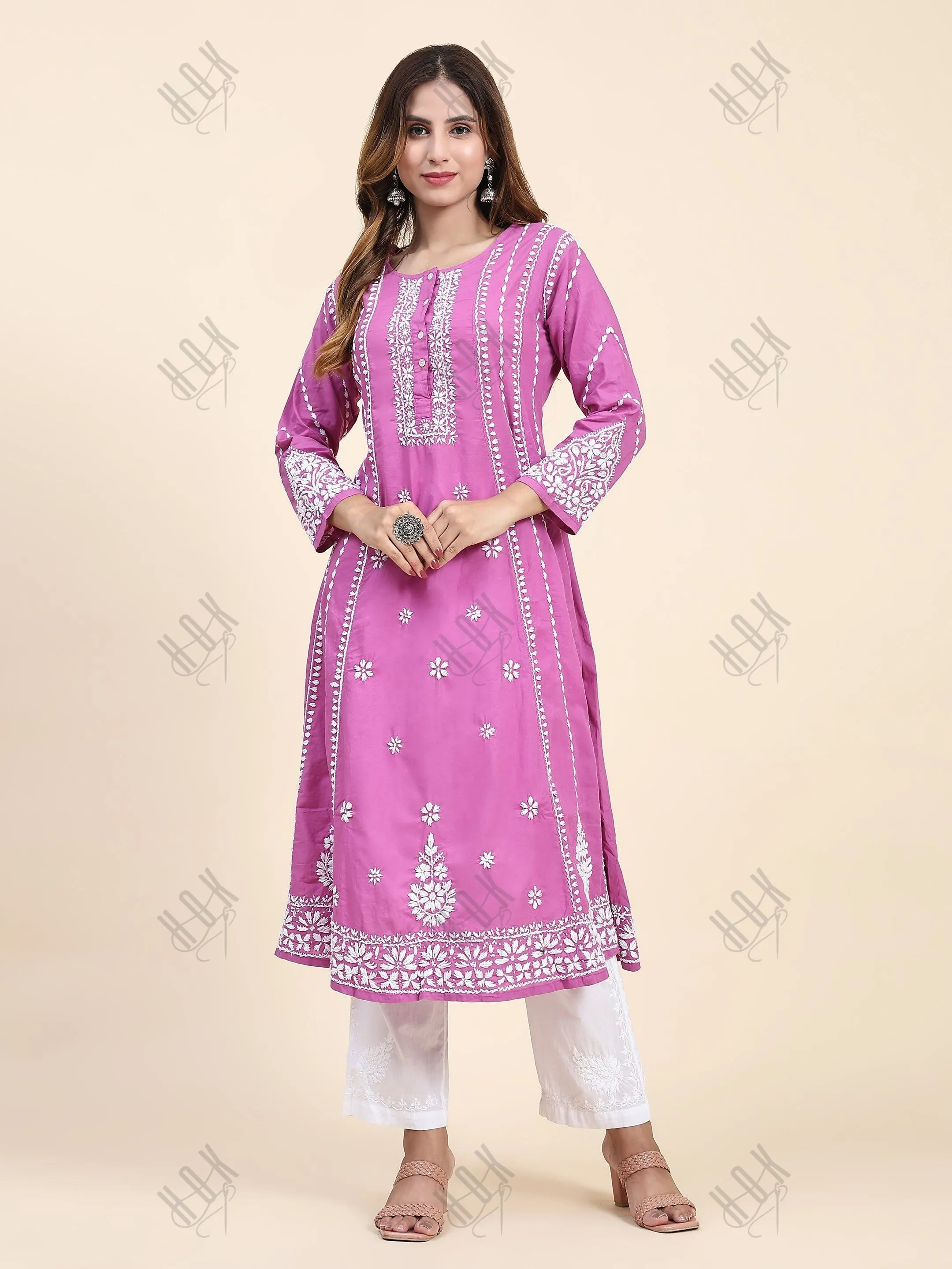 Fizaa Chikankari Long Kurta In Cotton For Women-Purple