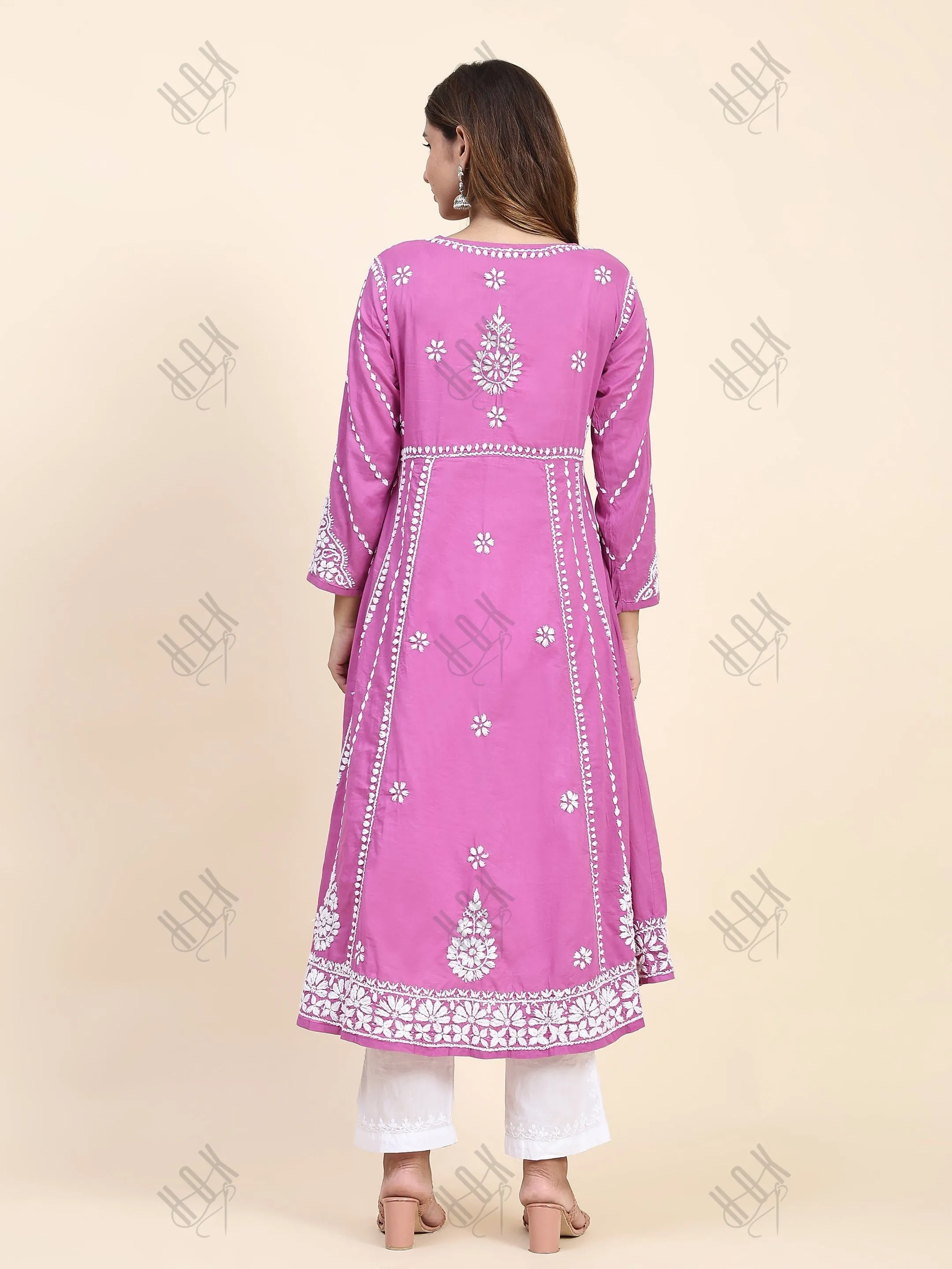 Fizaa Chikankari Long Kurta In Cotton For Women-Purple