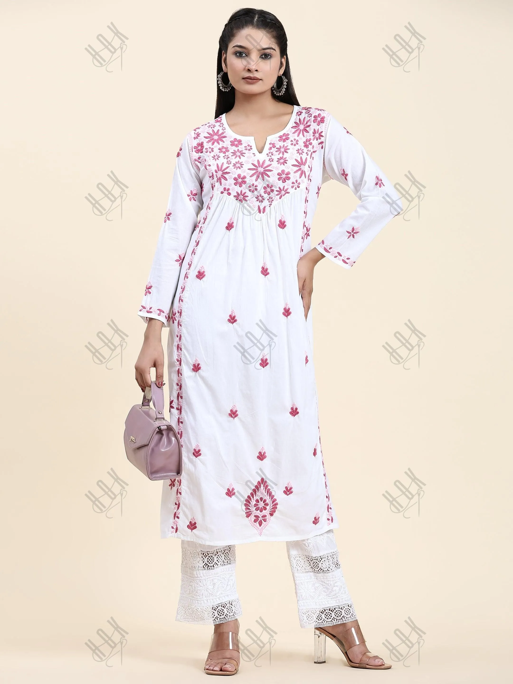 Fizaa Chikankari Long Kurta in Cotton for Women - White With Pink