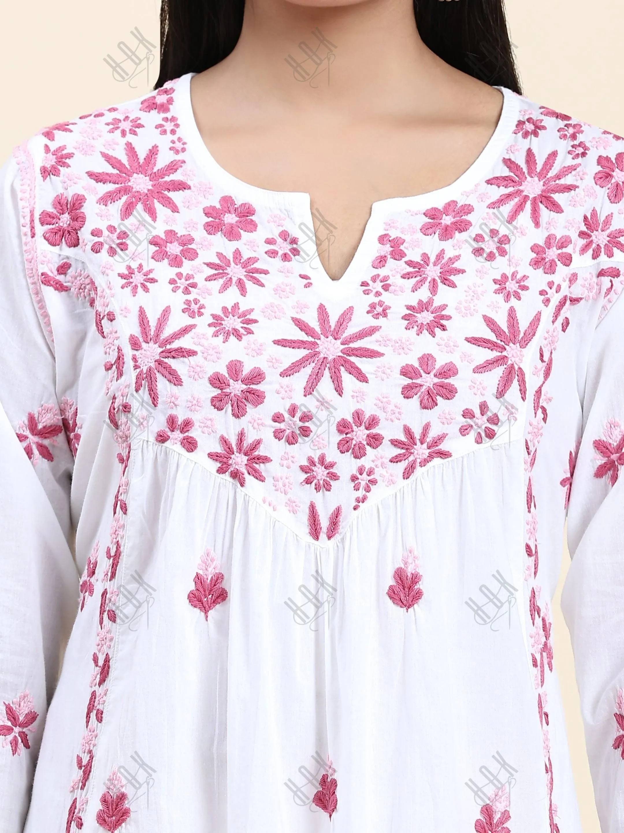 Fizaa Chikankari Long Kurta in Cotton for Women - White With Pink