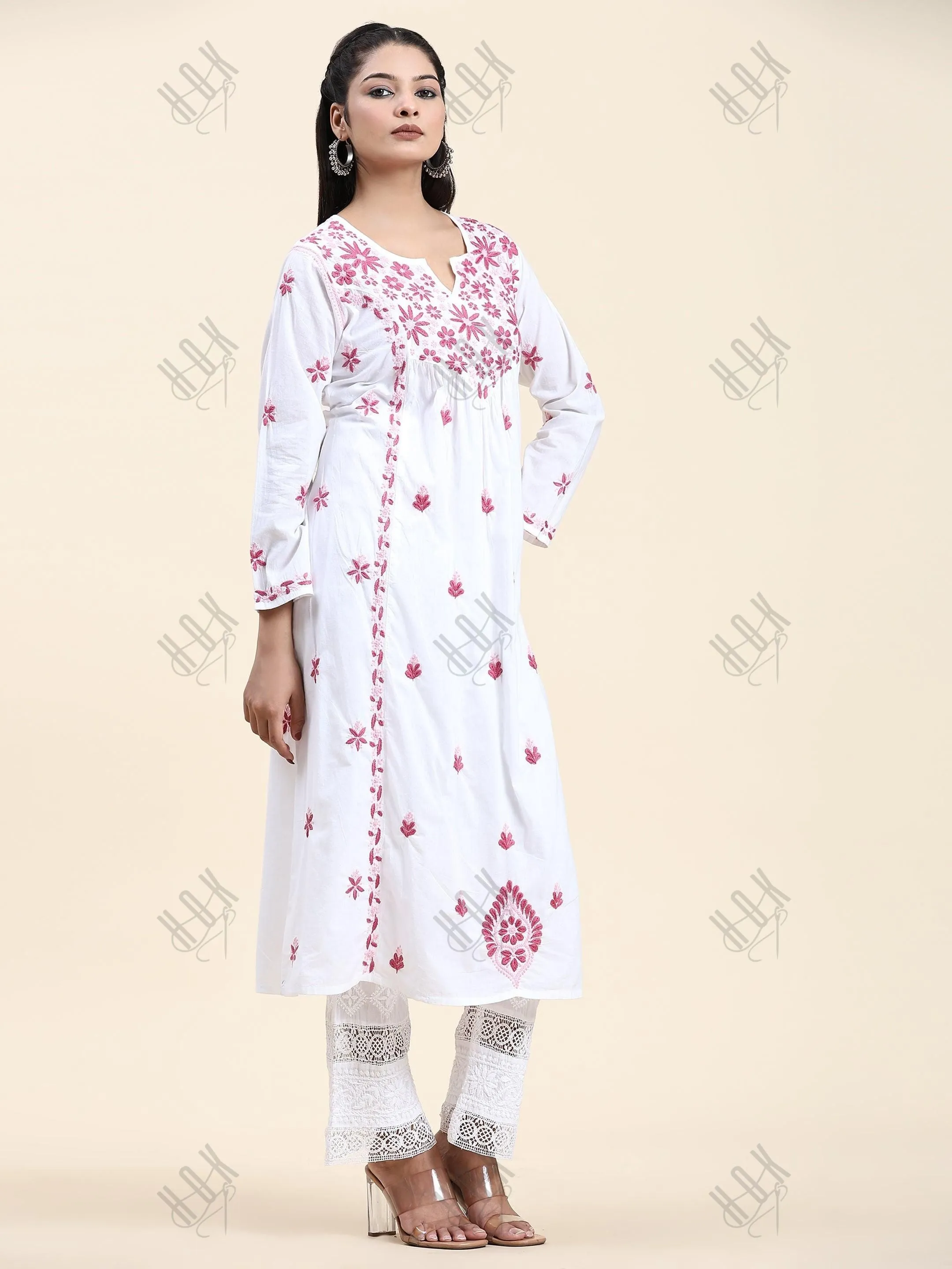 Fizaa Chikankari Long Kurta in Cotton for Women - White With Pink