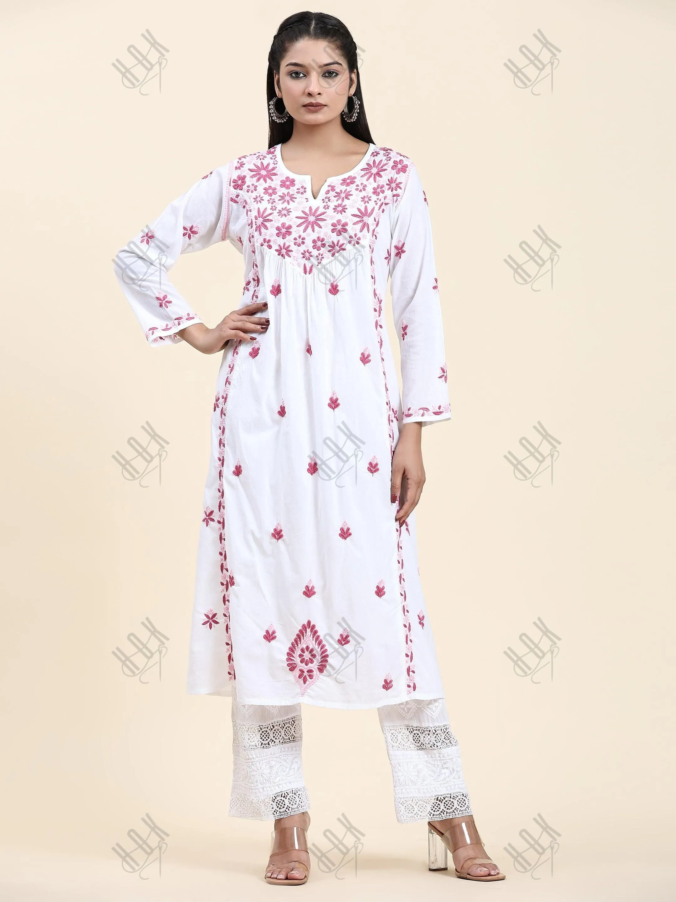 Fizaa Chikankari Long Kurta in Cotton for Women - White With Pink