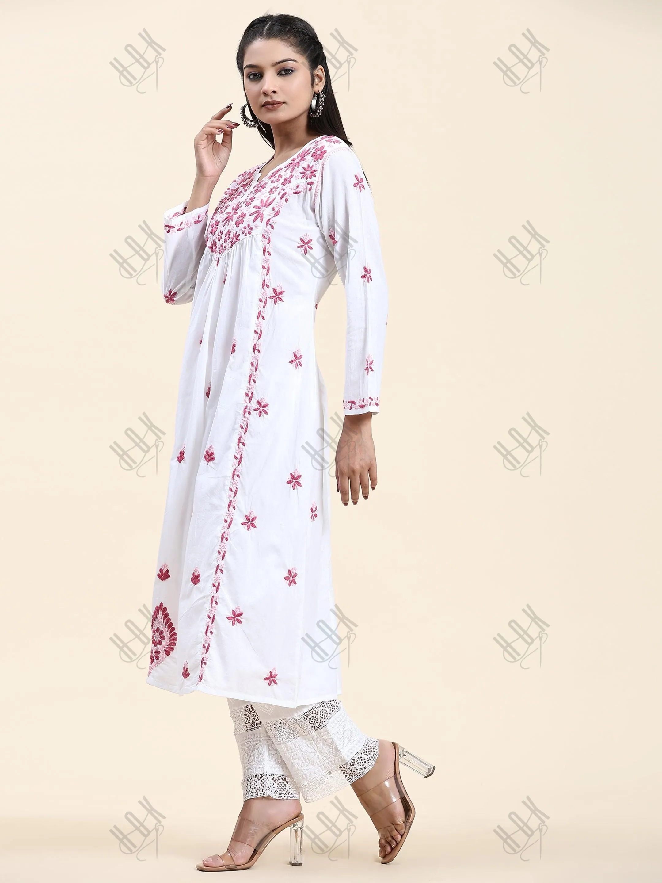 Fizaa Chikankari Long Kurta in Cotton for Women - White With Pink