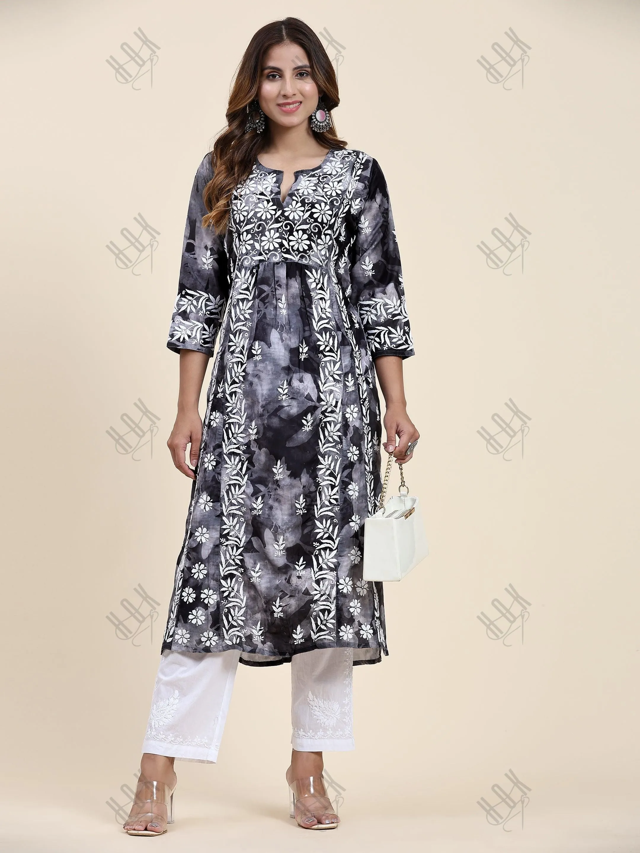 Fizaa Chikankari Long Kurta in Muslin Cotton for Women- Black Shade Print