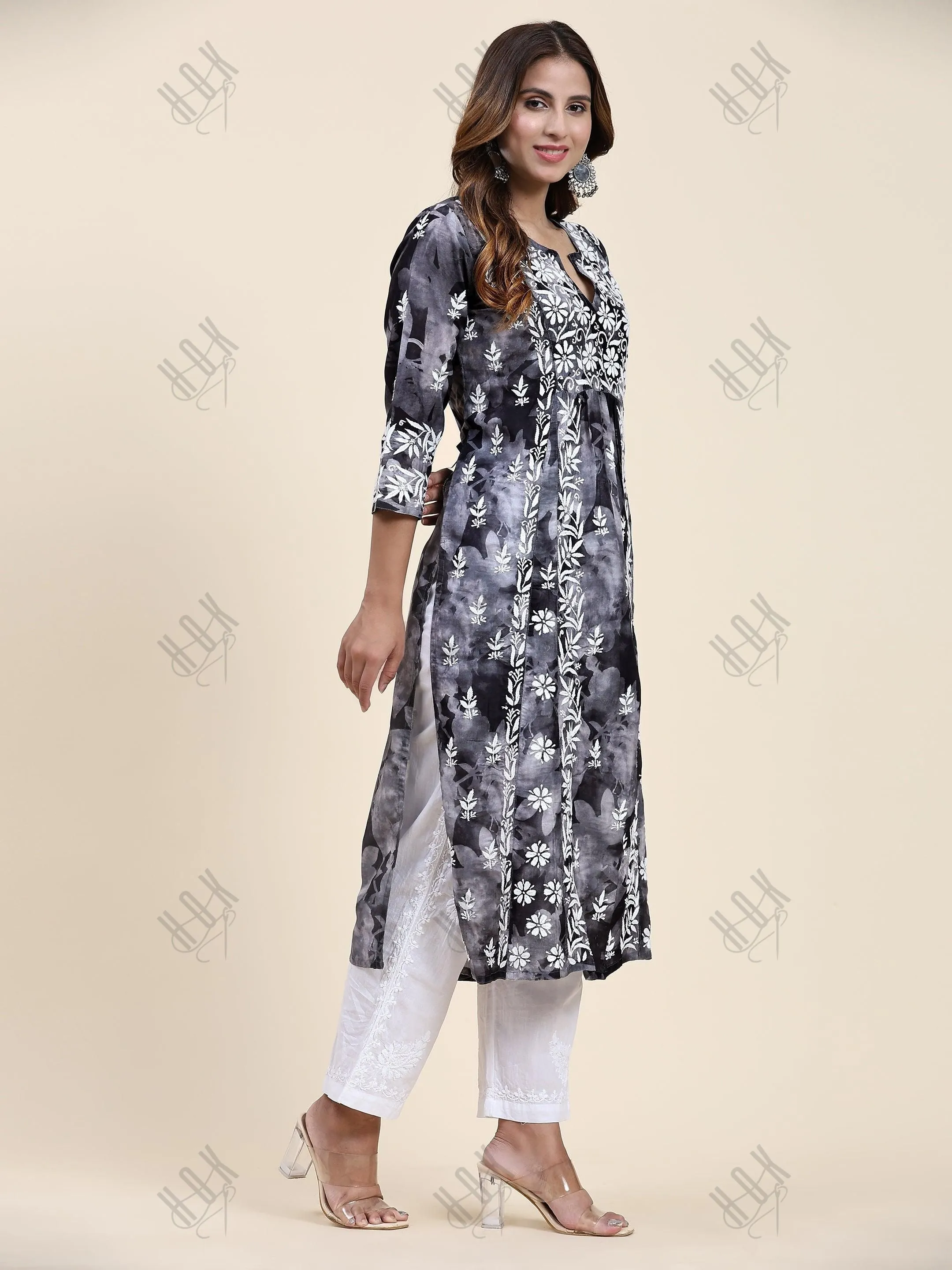 Fizaa Chikankari Long Kurta in Muslin Cotton for Women- Black Shade Print