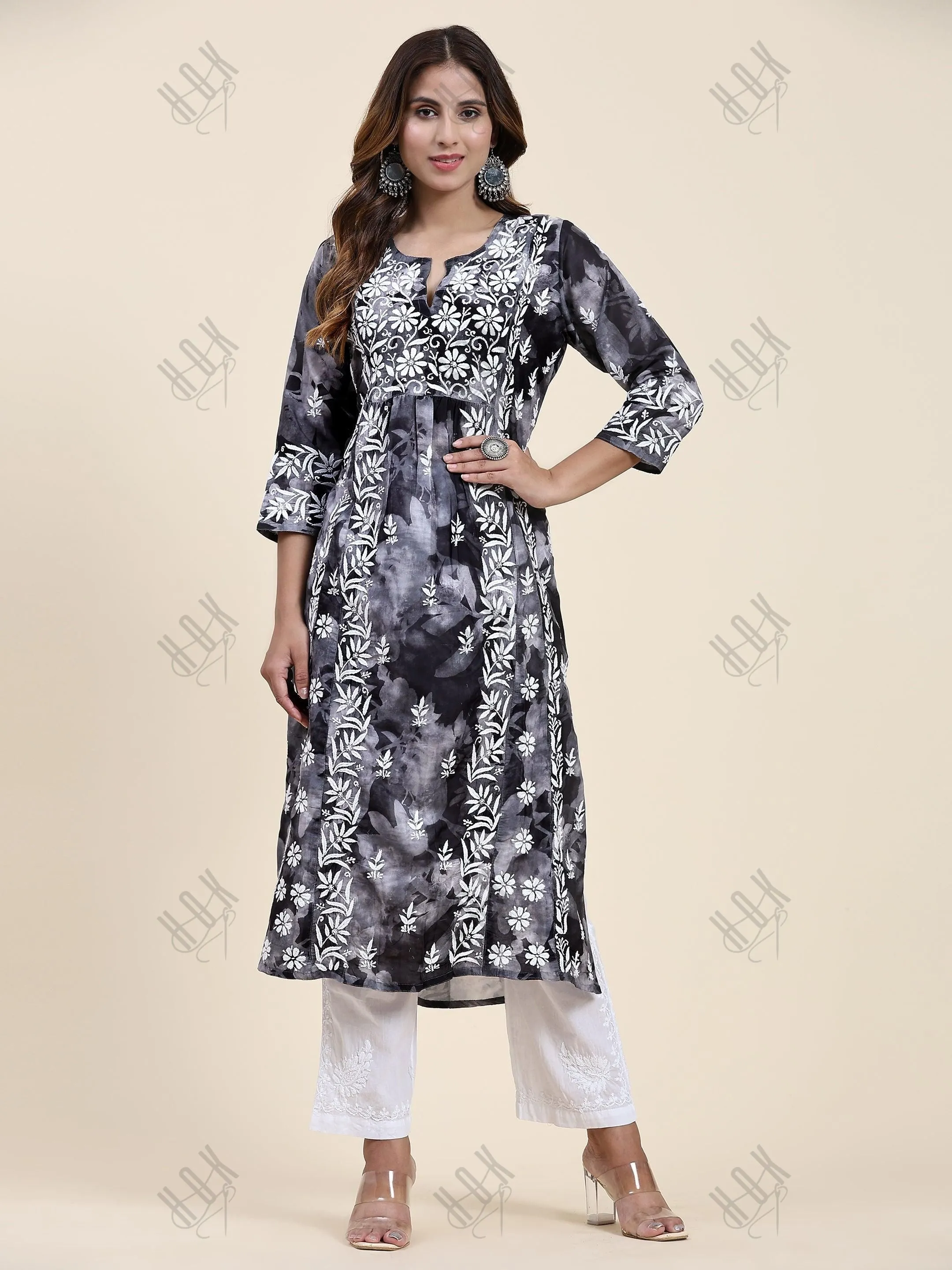 Fizaa Chikankari Long Kurta in Muslin Cotton for Women- Black Shade Print