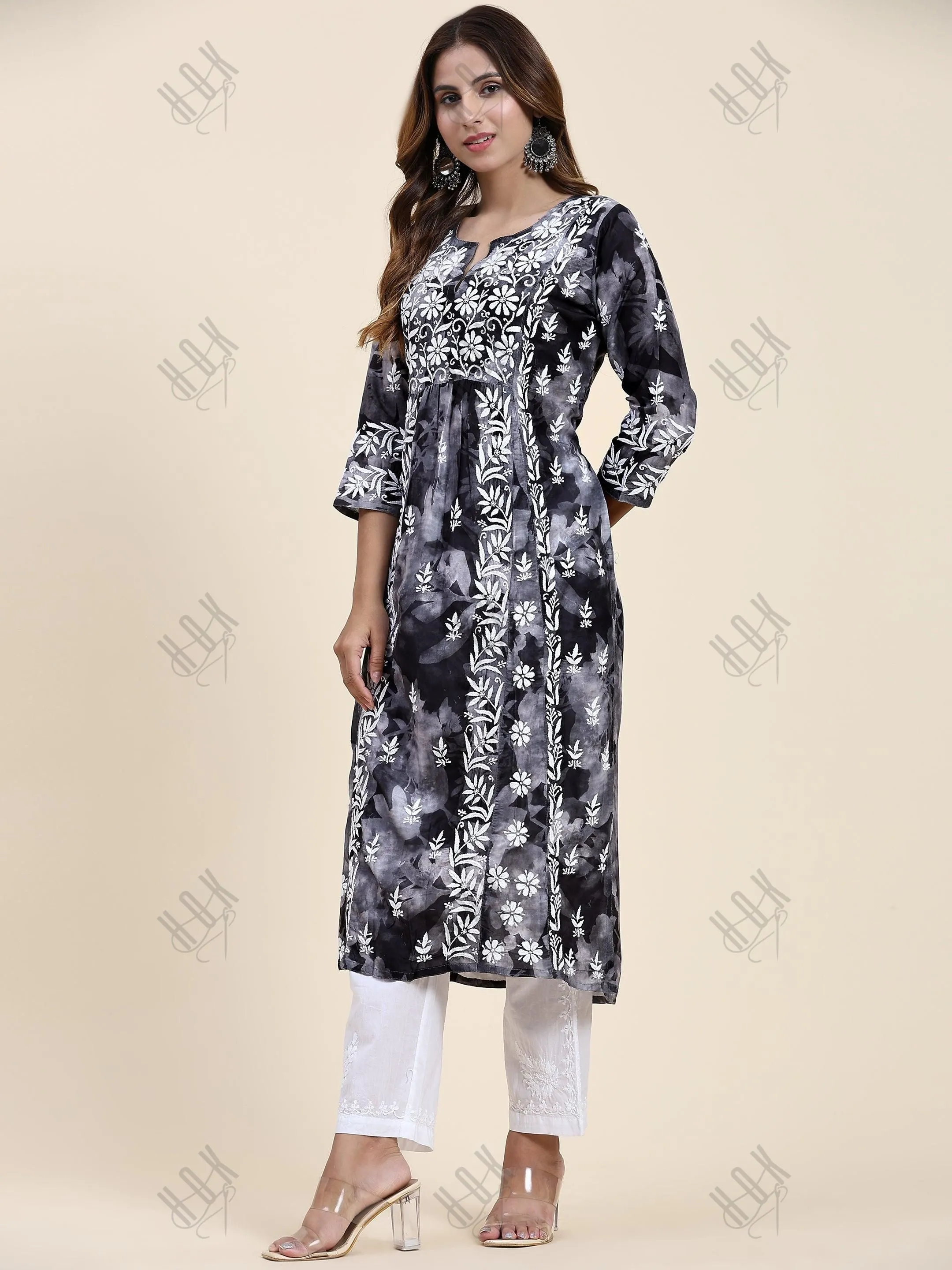 Fizaa Chikankari Long Kurta in Muslin Cotton for Women- Black Shade Print