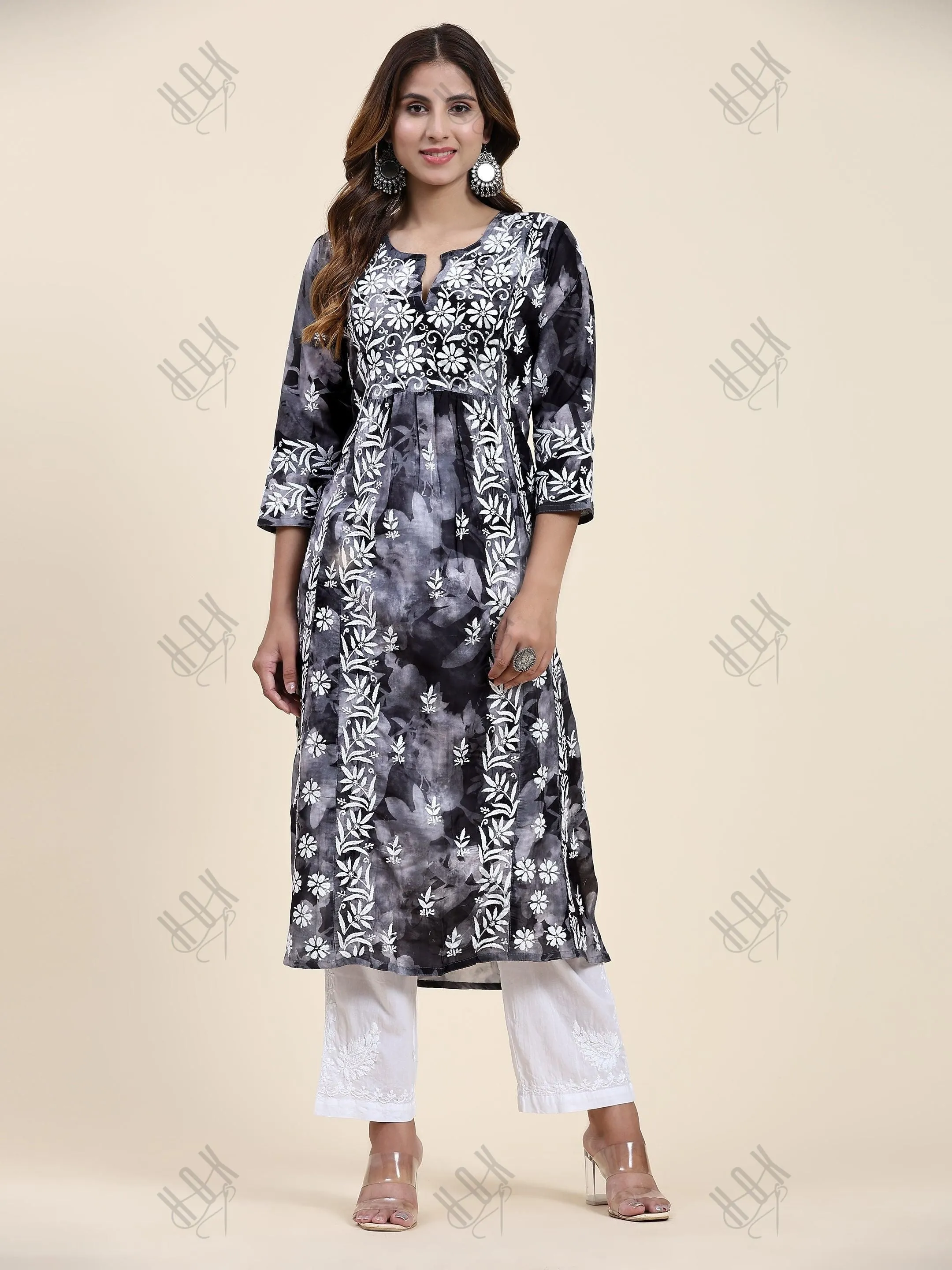 Fizaa Chikankari Long Kurta in Muslin Cotton for Women- Black Shade Print