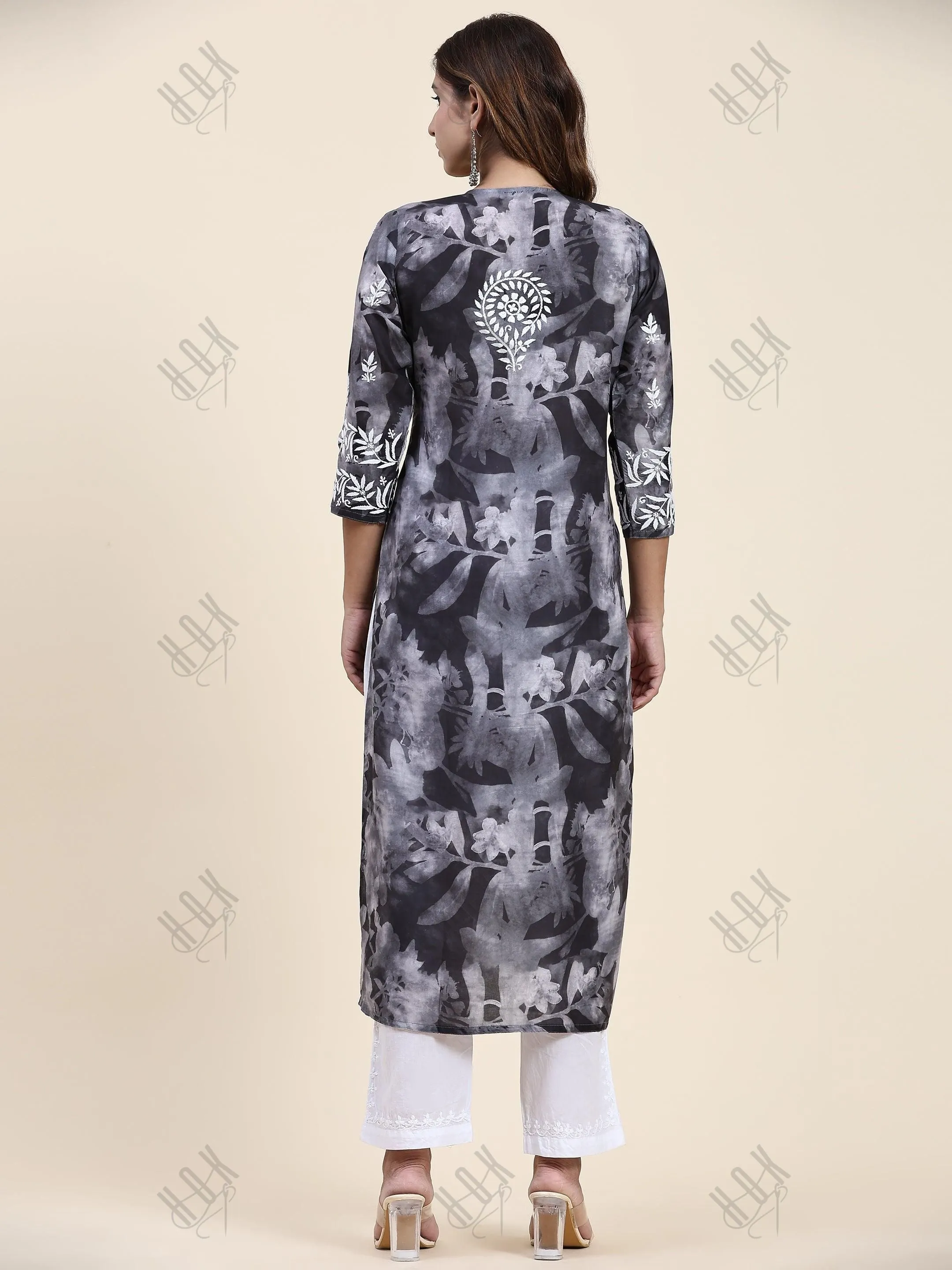 Fizaa Chikankari Long Kurta in Muslin Cotton for Women- Black Shade Print