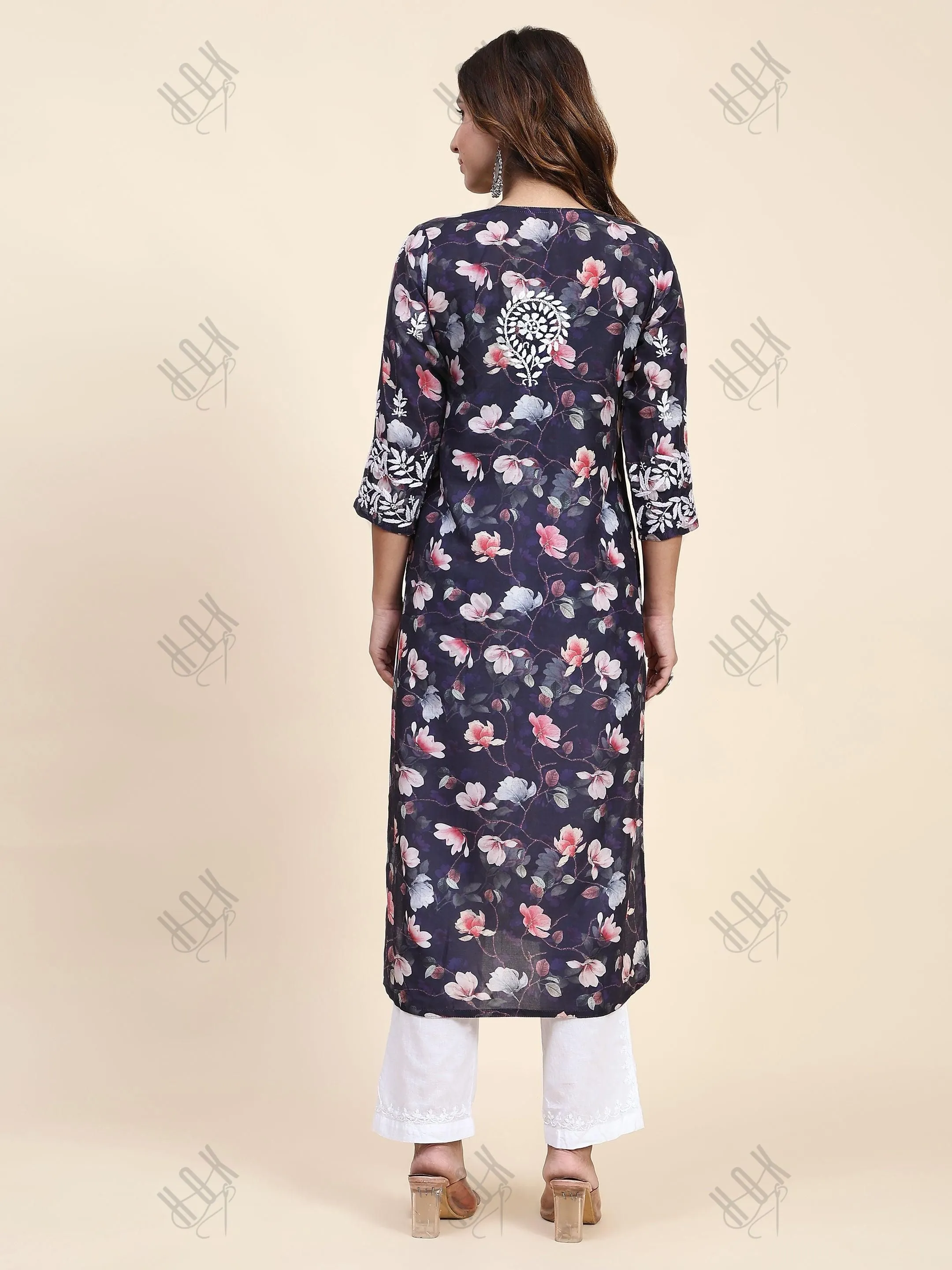 Fizaa Chikankari Long Kurta in Muslin Cotton for Women- Dark Blue Print