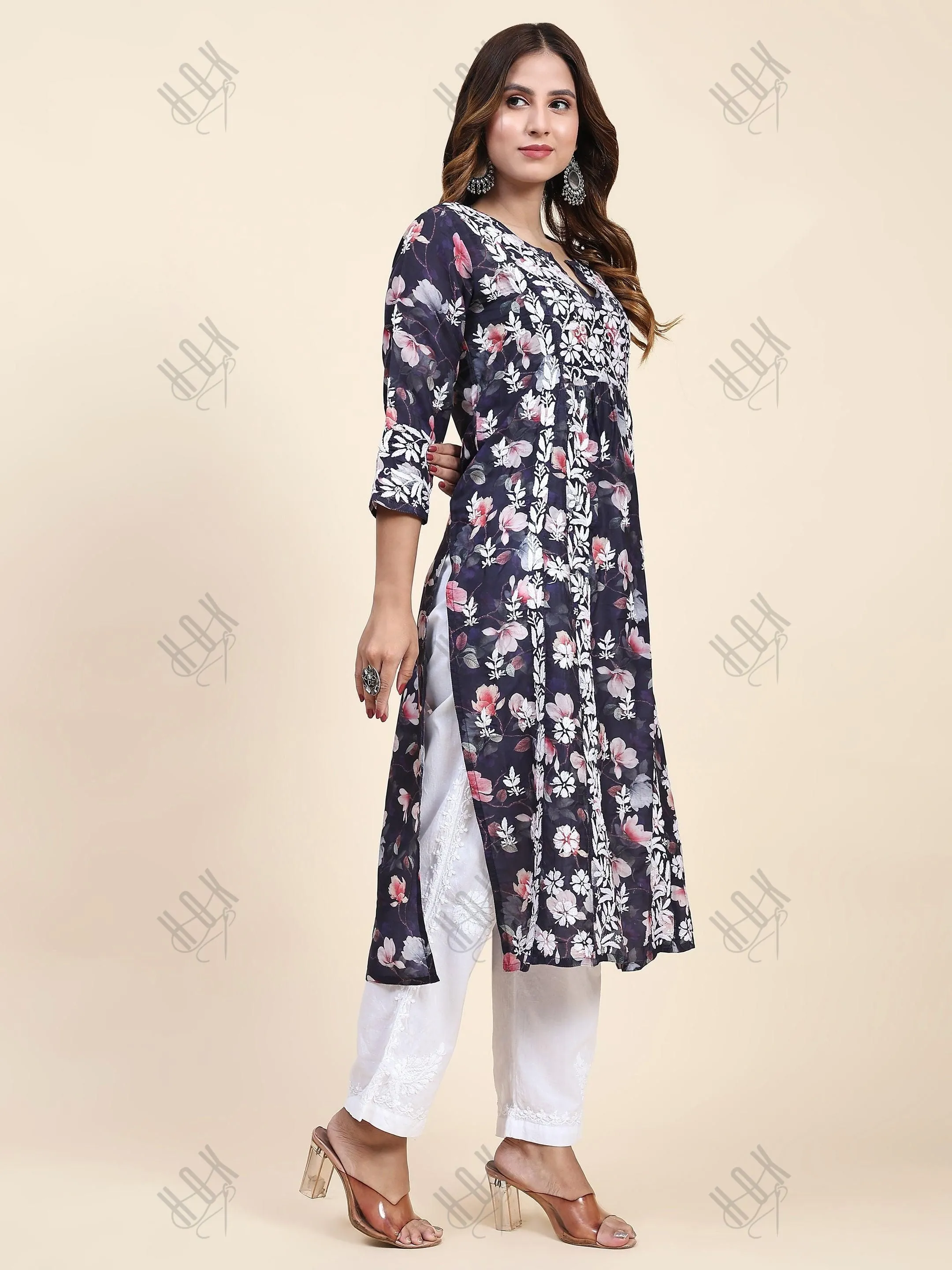 Fizaa Chikankari Long Kurta in Muslin Cotton for Women- Dark Blue Print