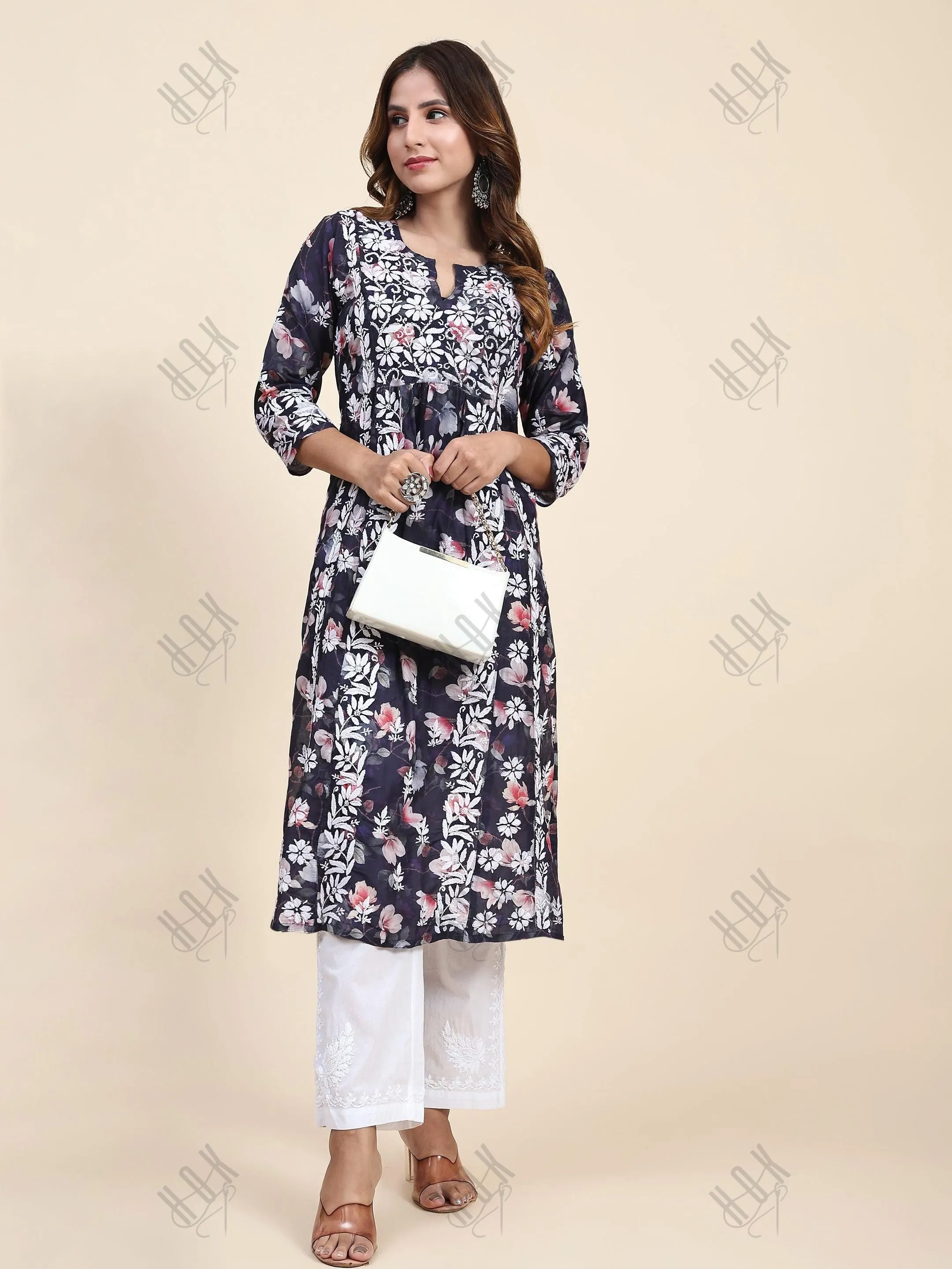 Fizaa Chikankari Long Kurta in Muslin Cotton for Women- Dark Blue Print