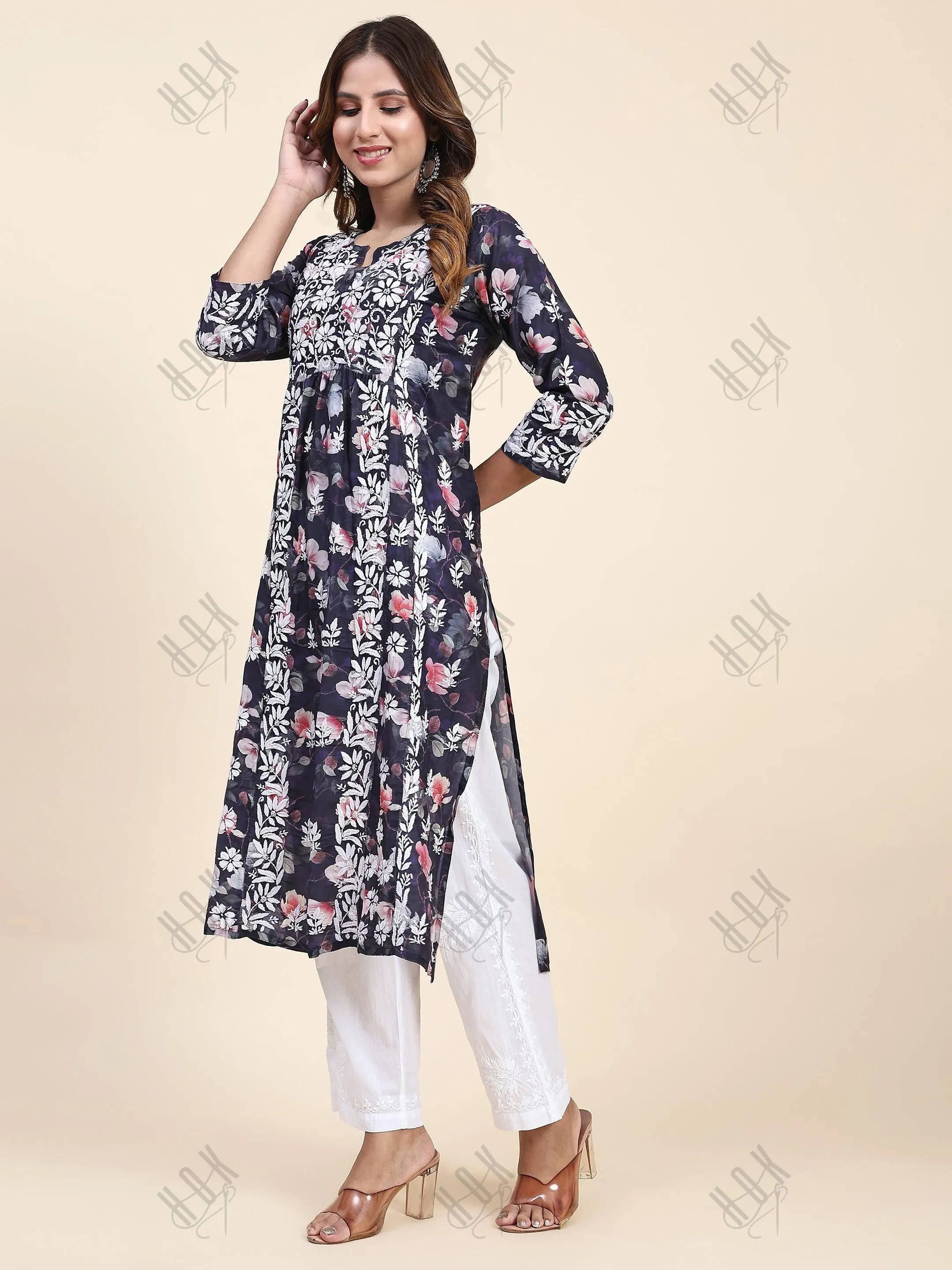 Fizaa Chikankari Long Kurta in Muslin Cotton for Women- Dark Blue Print