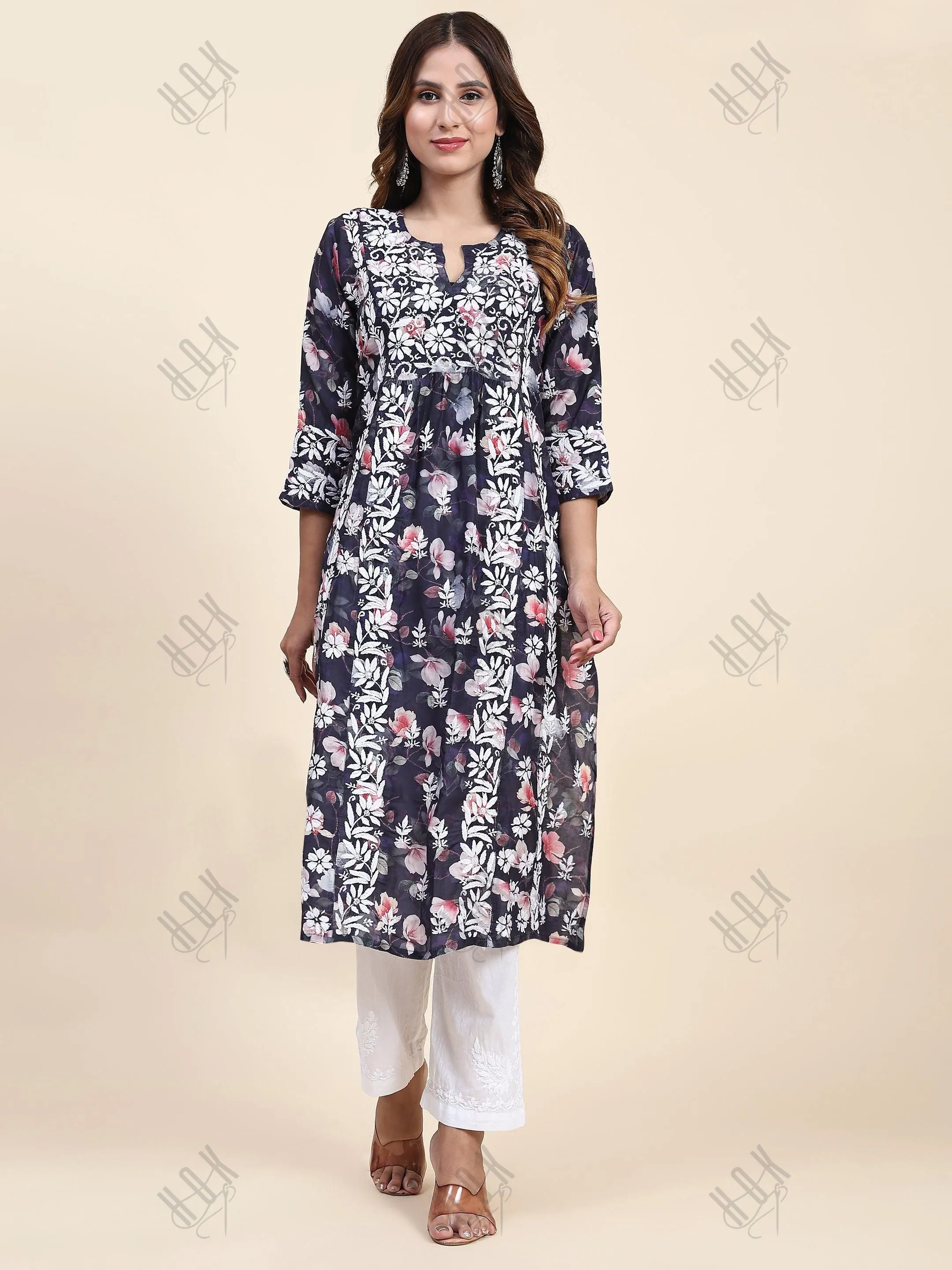 Fizaa Chikankari Long Kurta in Muslin Cotton for Women- Dark Blue Print