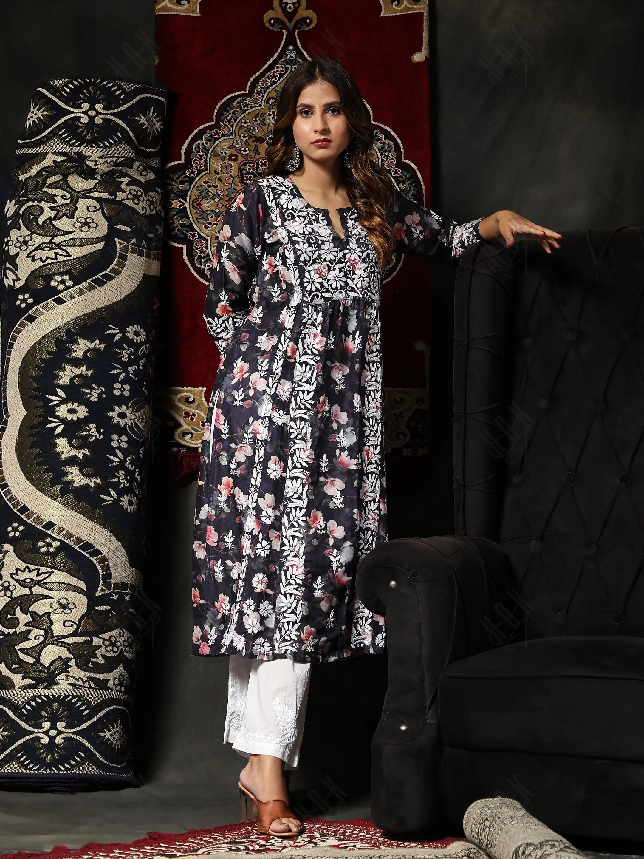 Fizaa Chikankari Long Kurta in Muslin Cotton for Women- Dark Blue Print