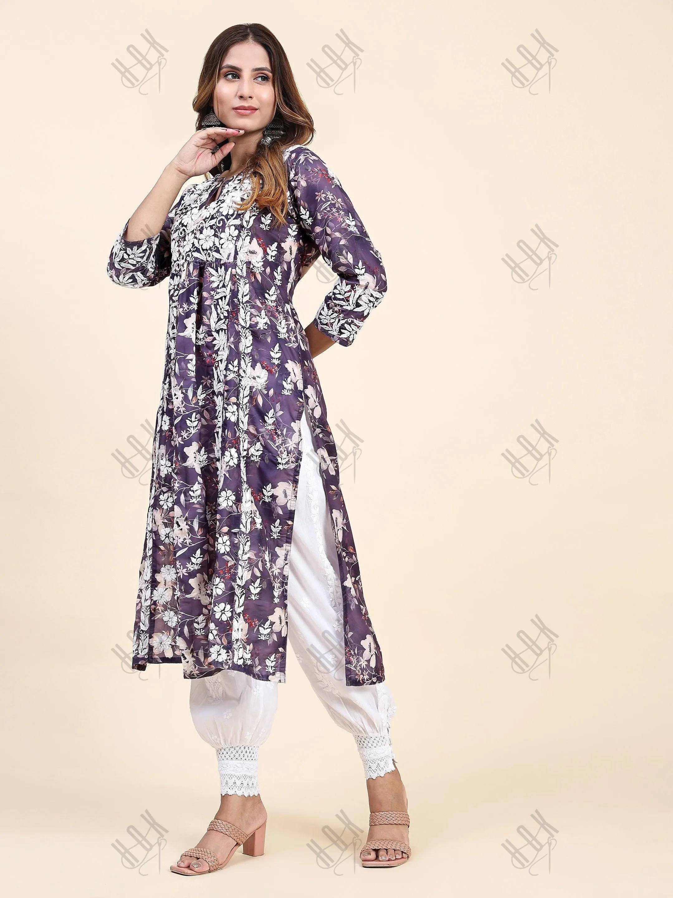 Fizaa Chikankari Long Kurta in Muslin Cotton for Women- Purple Print