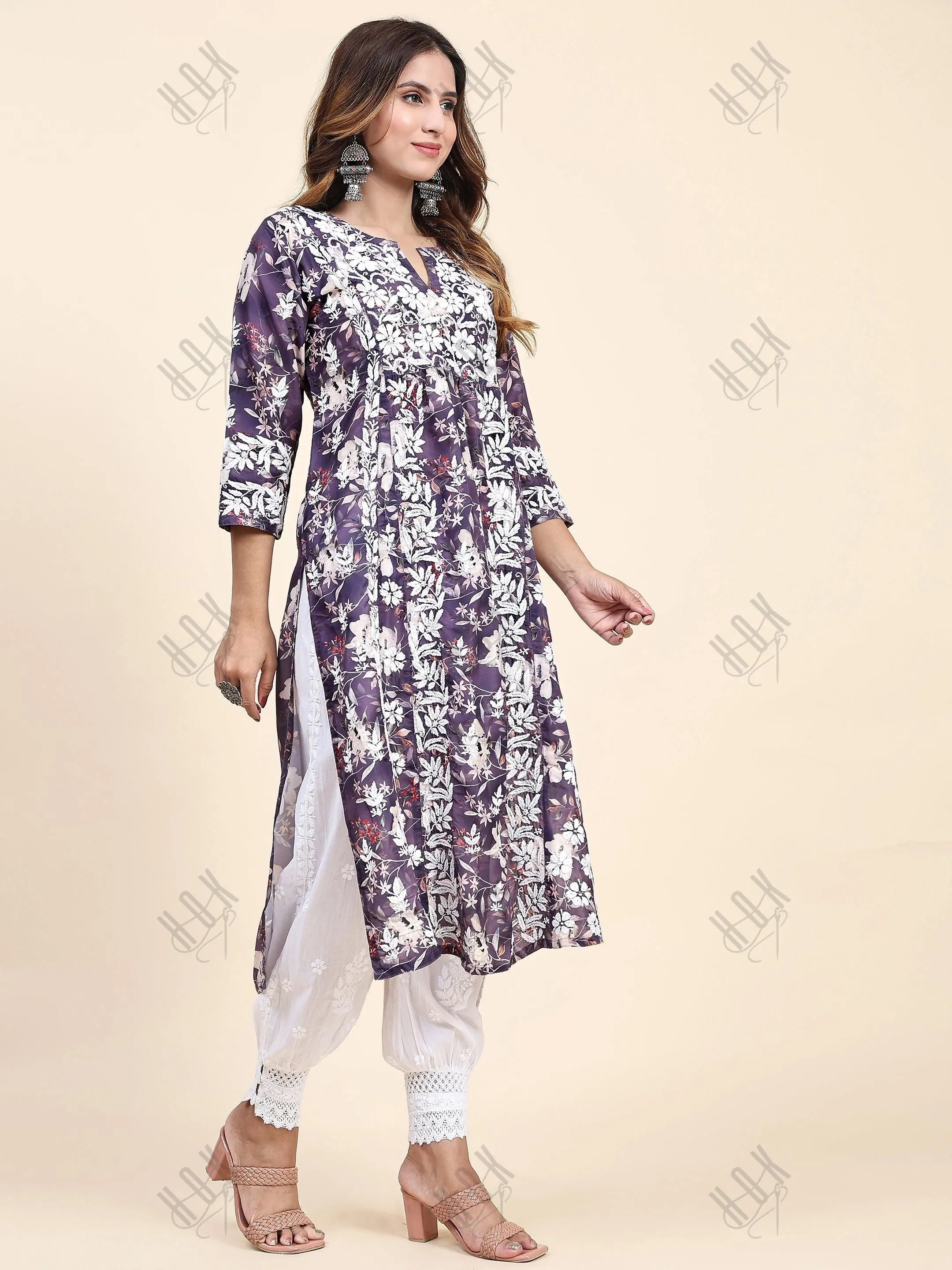 Fizaa Chikankari Long Kurta in Muslin Cotton for Women- Purple Print