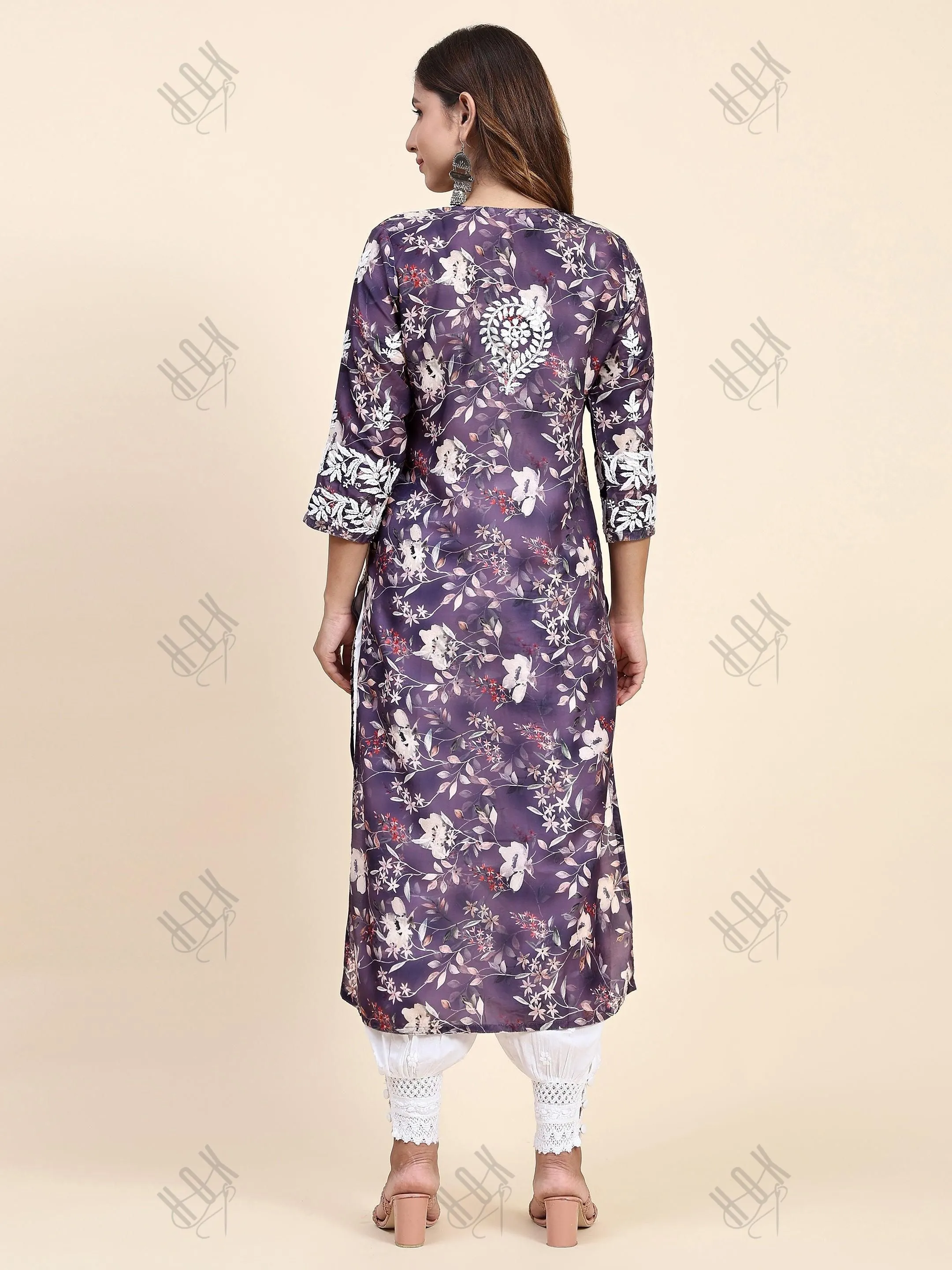 Fizaa Chikankari Long Kurta in Muslin Cotton for Women- Purple Print