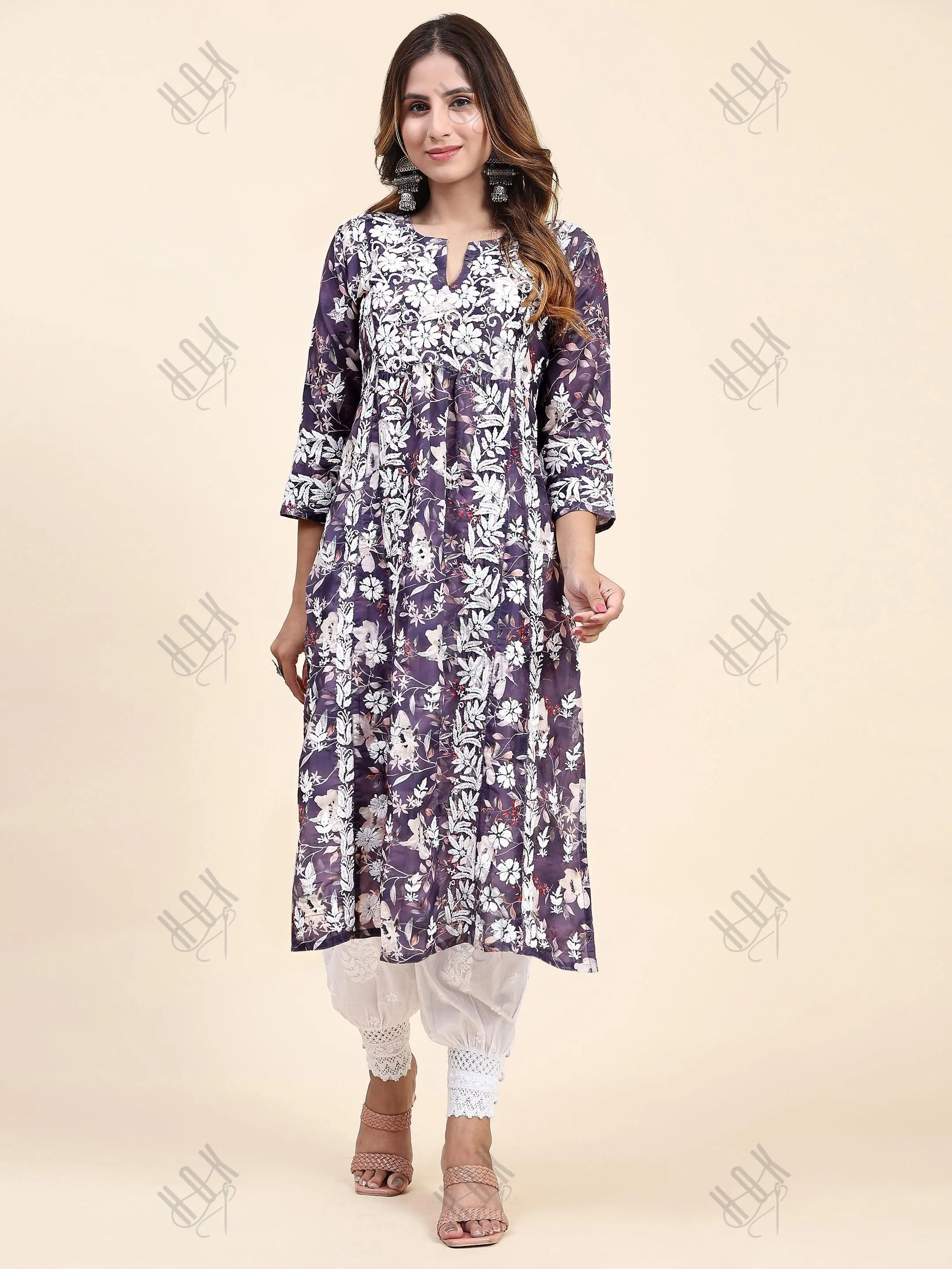 Fizaa Chikankari Long Kurta in Muslin Cotton for Women- Purple Print