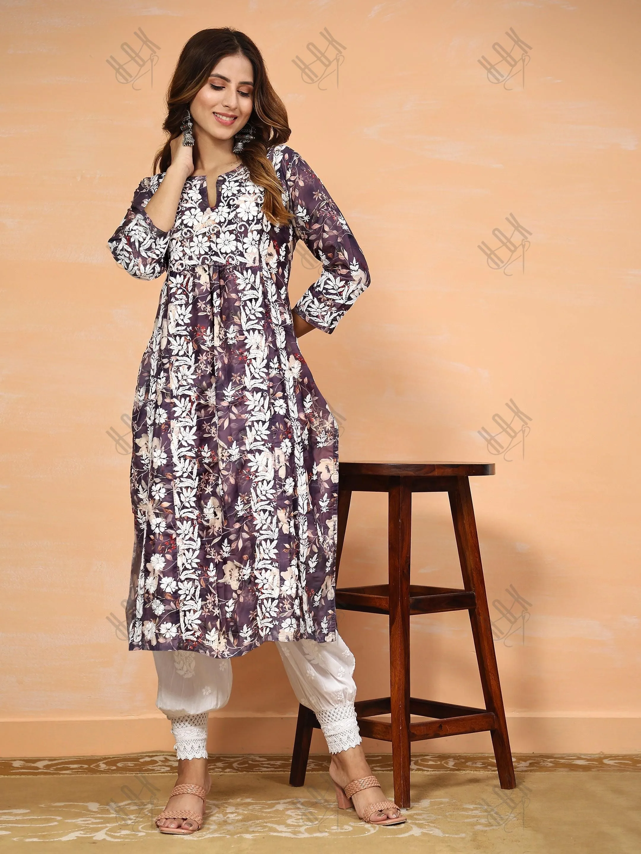 Fizaa Chikankari Long Kurta in Muslin Cotton for Women- Purple Print