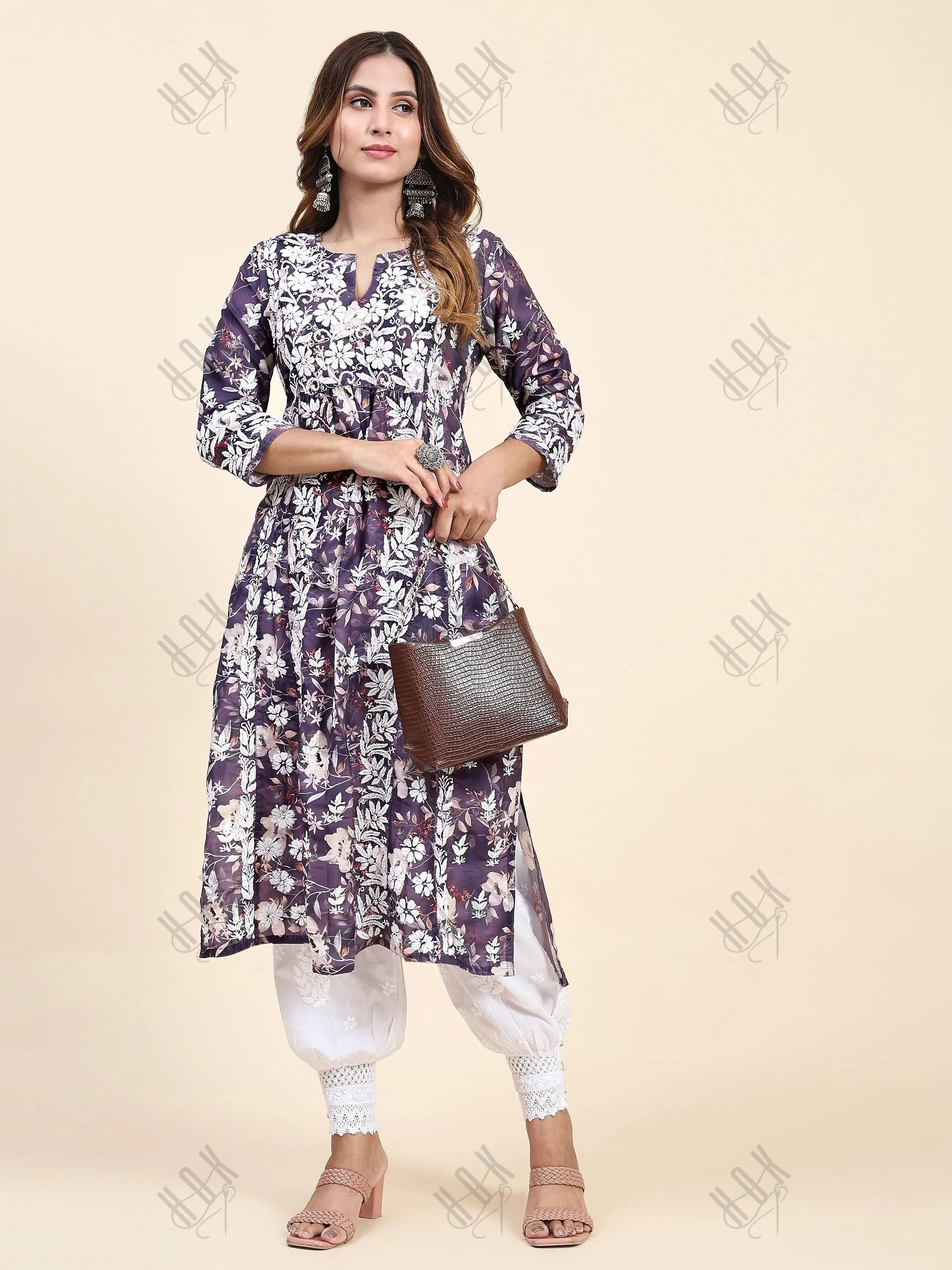 Fizaa Chikankari Long Kurta in Muslin Cotton for Women- Purple Print