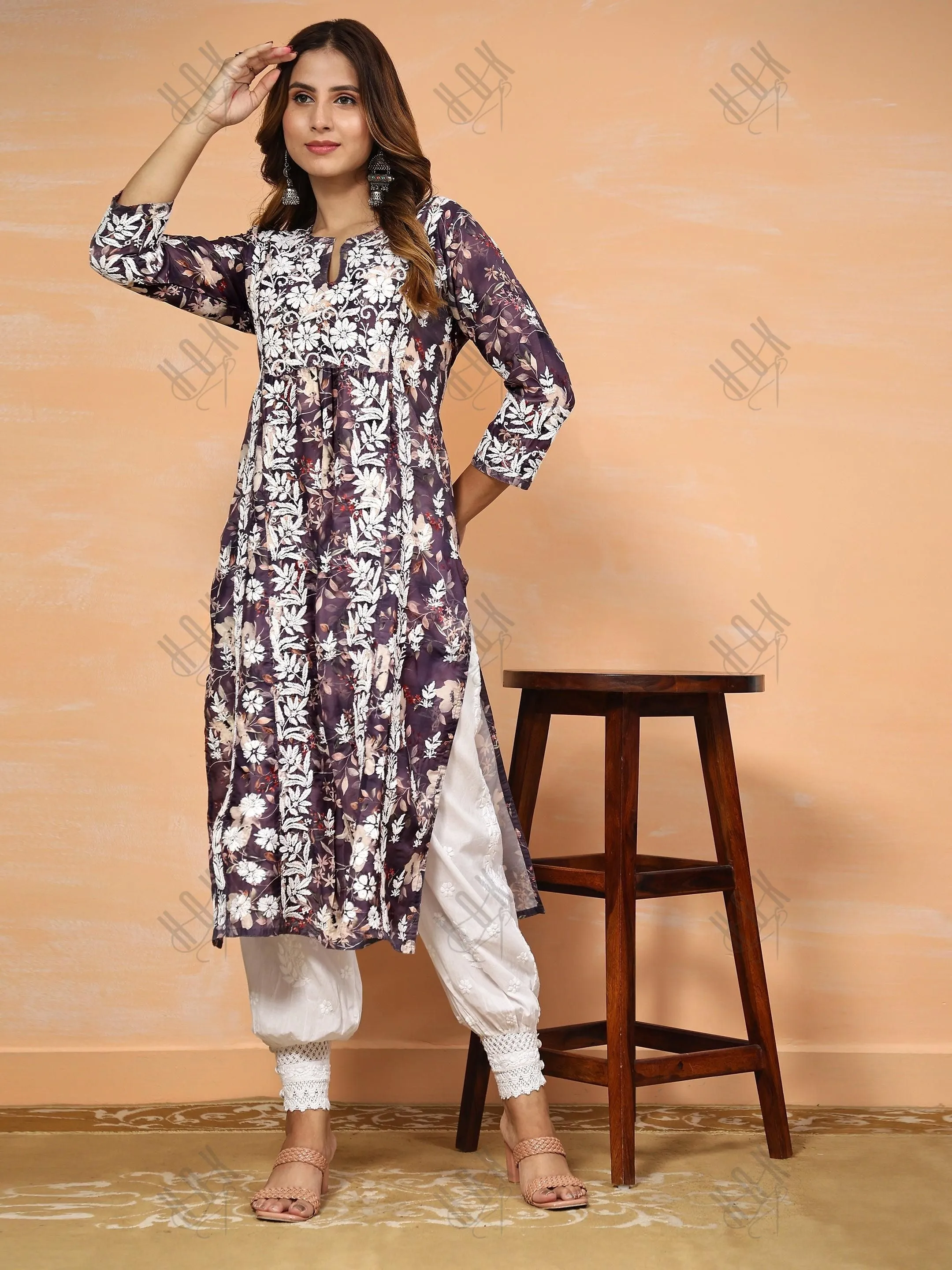 Fizaa Chikankari Long Kurta in Muslin Cotton for Women- Purple Print