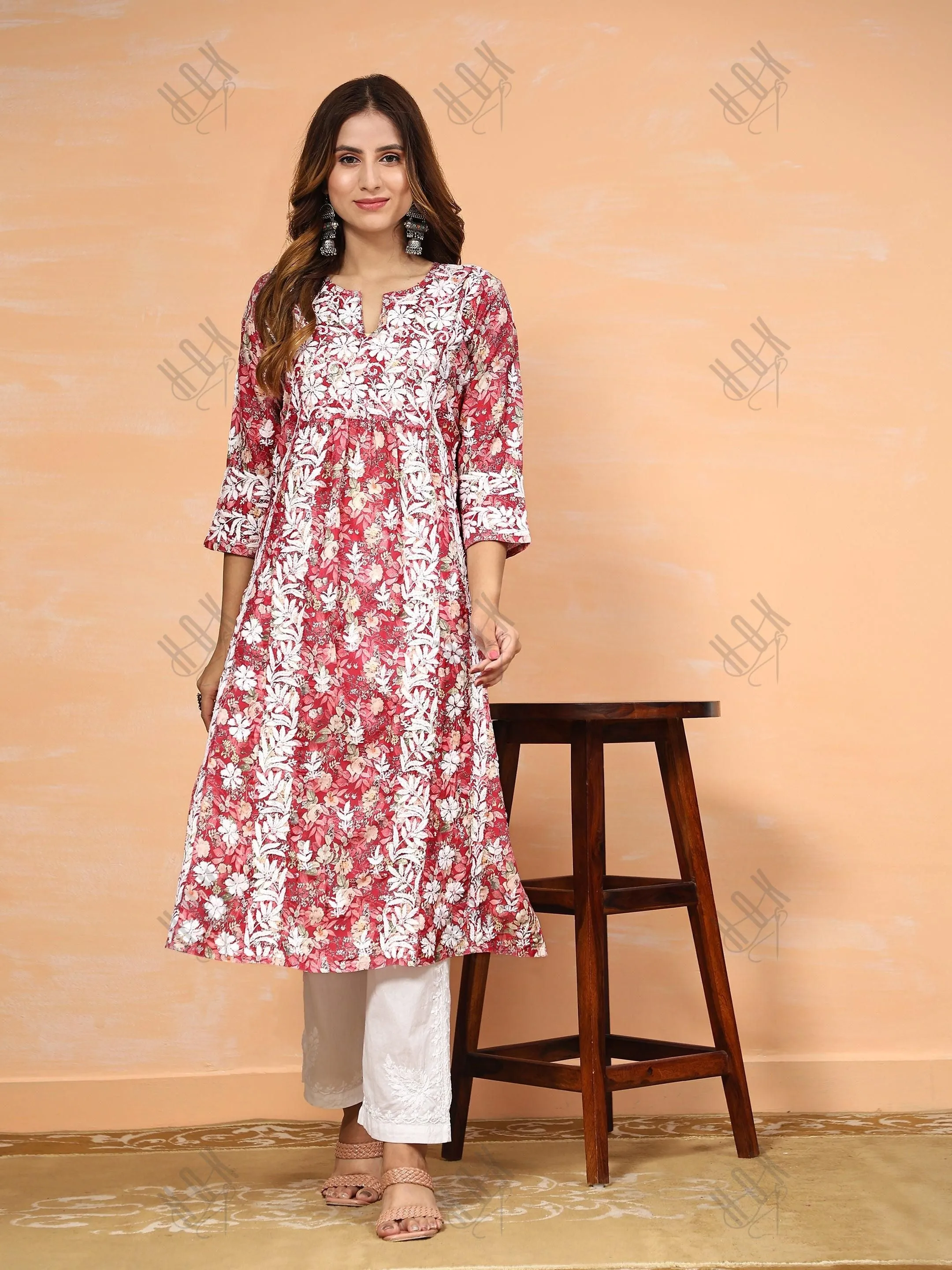 Fizaa Chikankari Long Kurta in Muslin Cotton for Women- Red Print