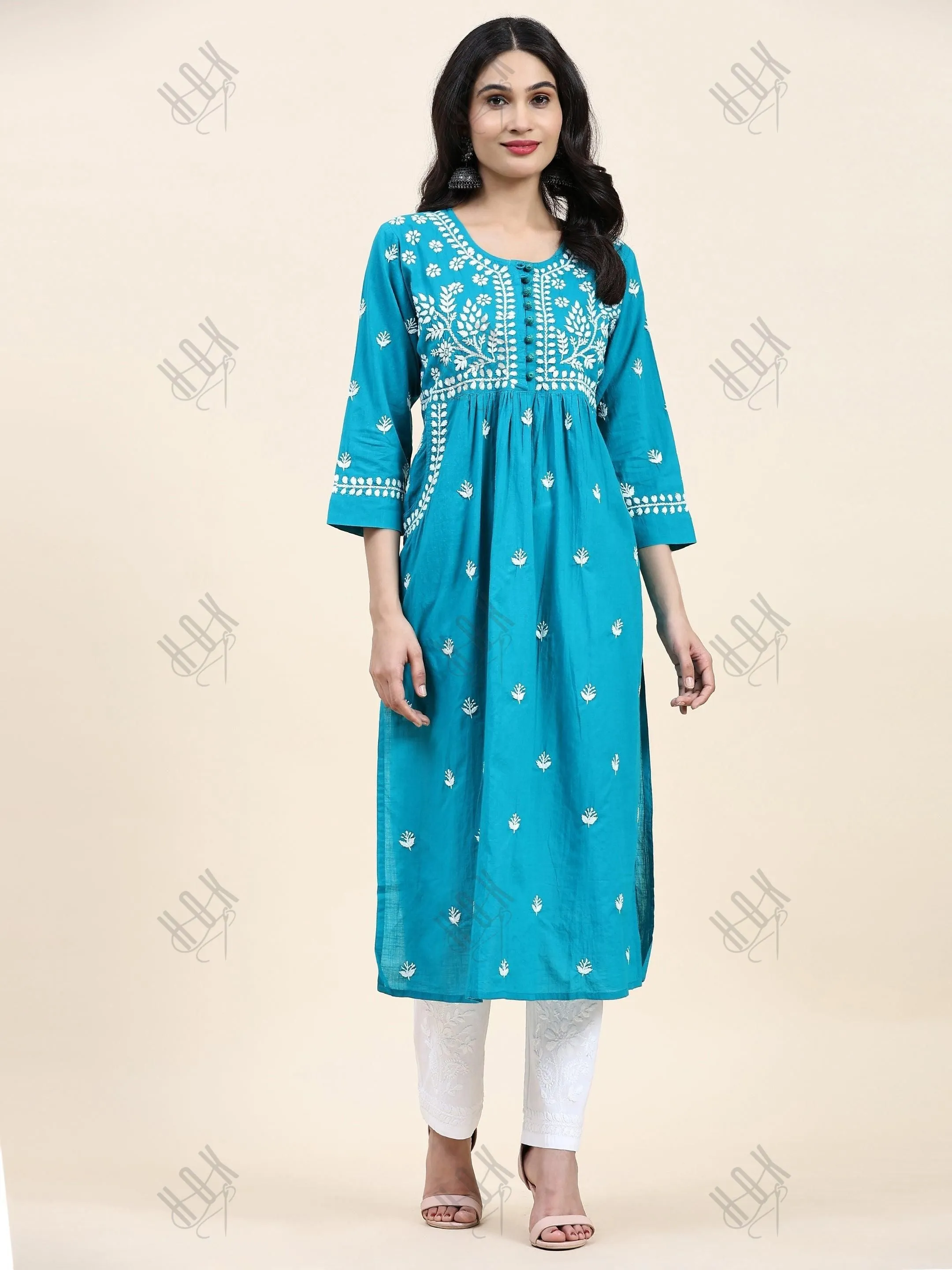 Fizaa Chikankari Long Kurti In Cotton For Women With Pocket