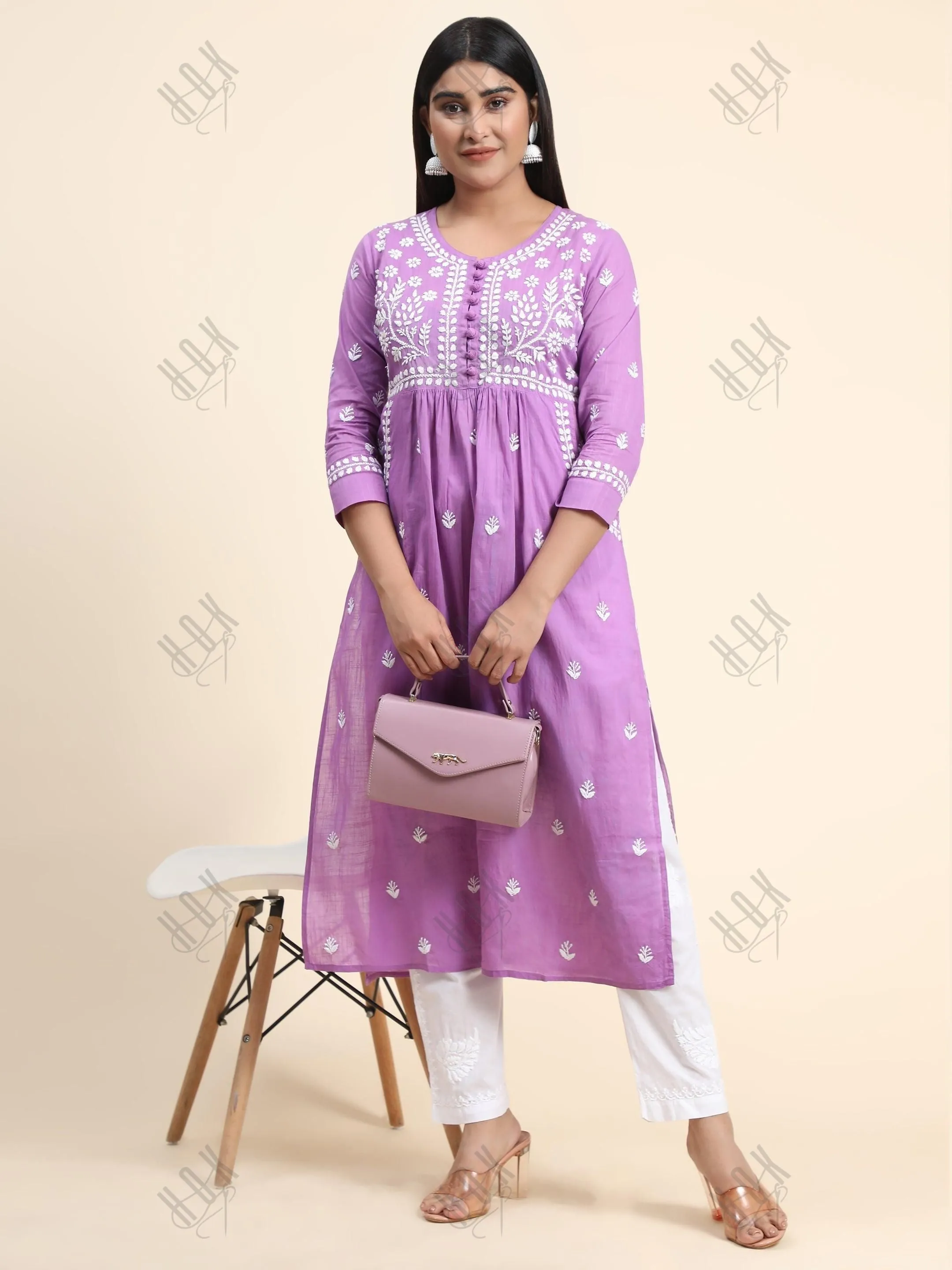 Fizaa Chikankari Long Kurti In Cotton For Women With Pocket