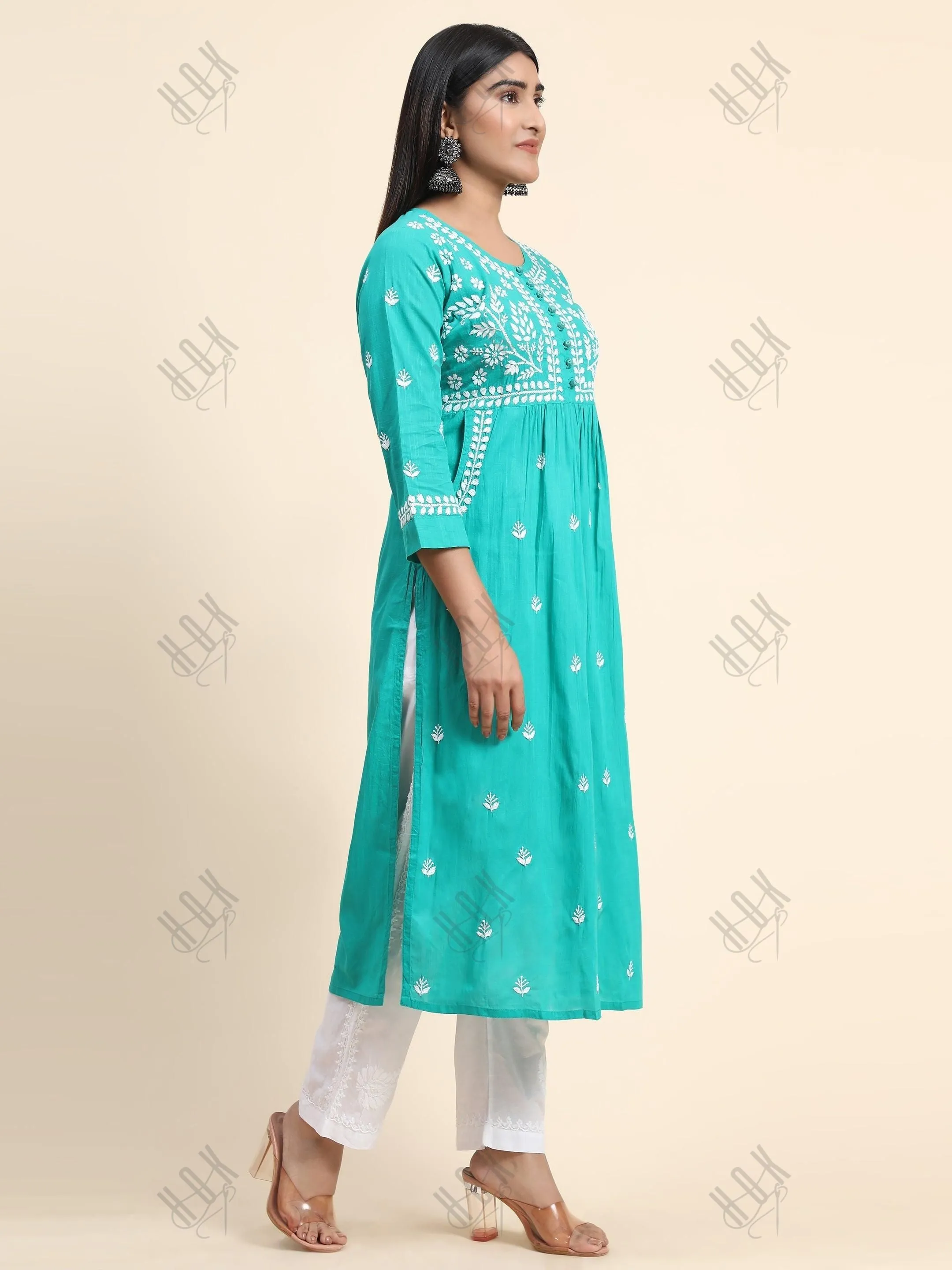 Fizaa Chikankari Long Kurti In Cotton For Women With Pocket