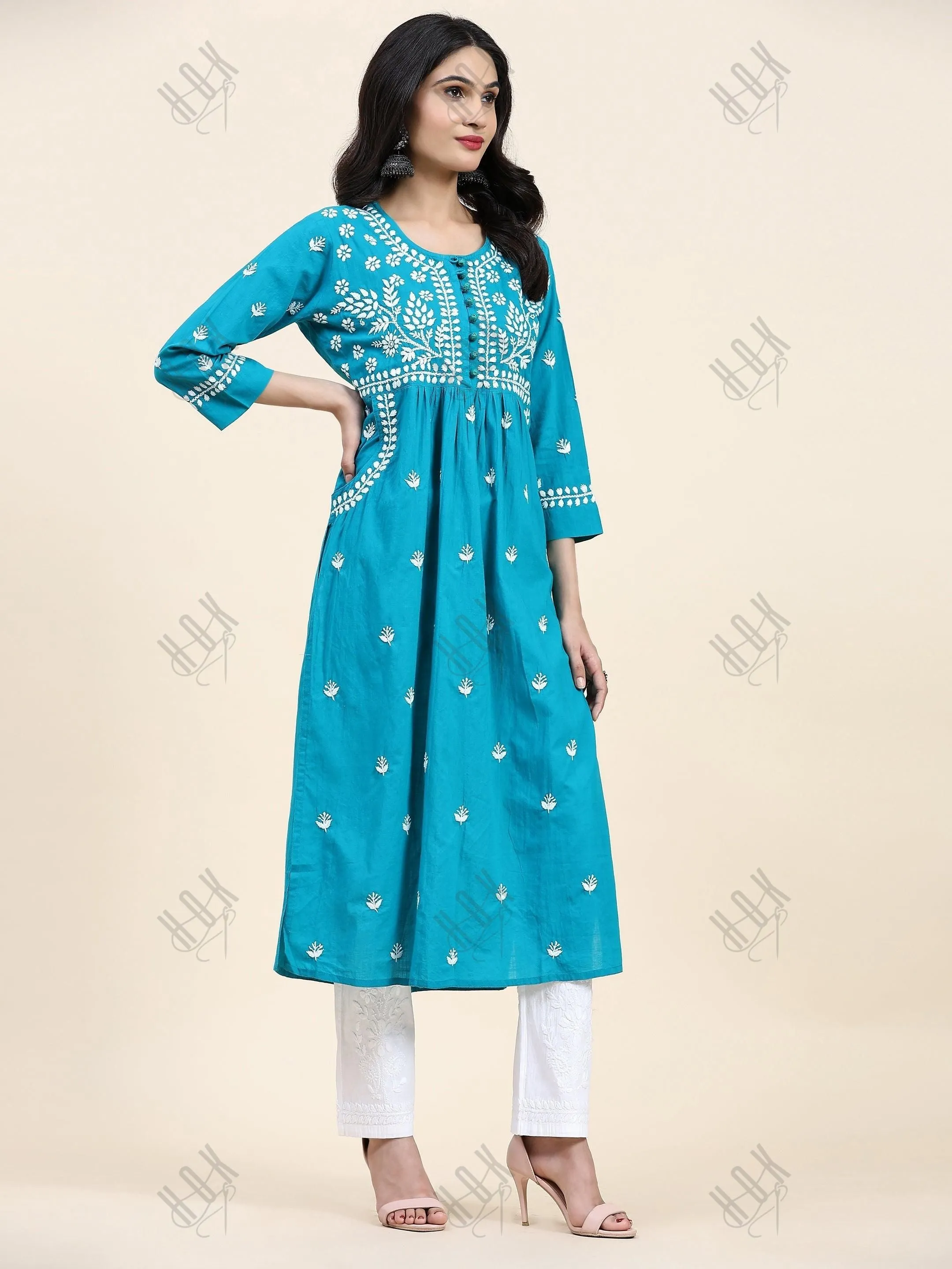 Fizaa Chikankari Long Kurti In Cotton For Women With Pocket