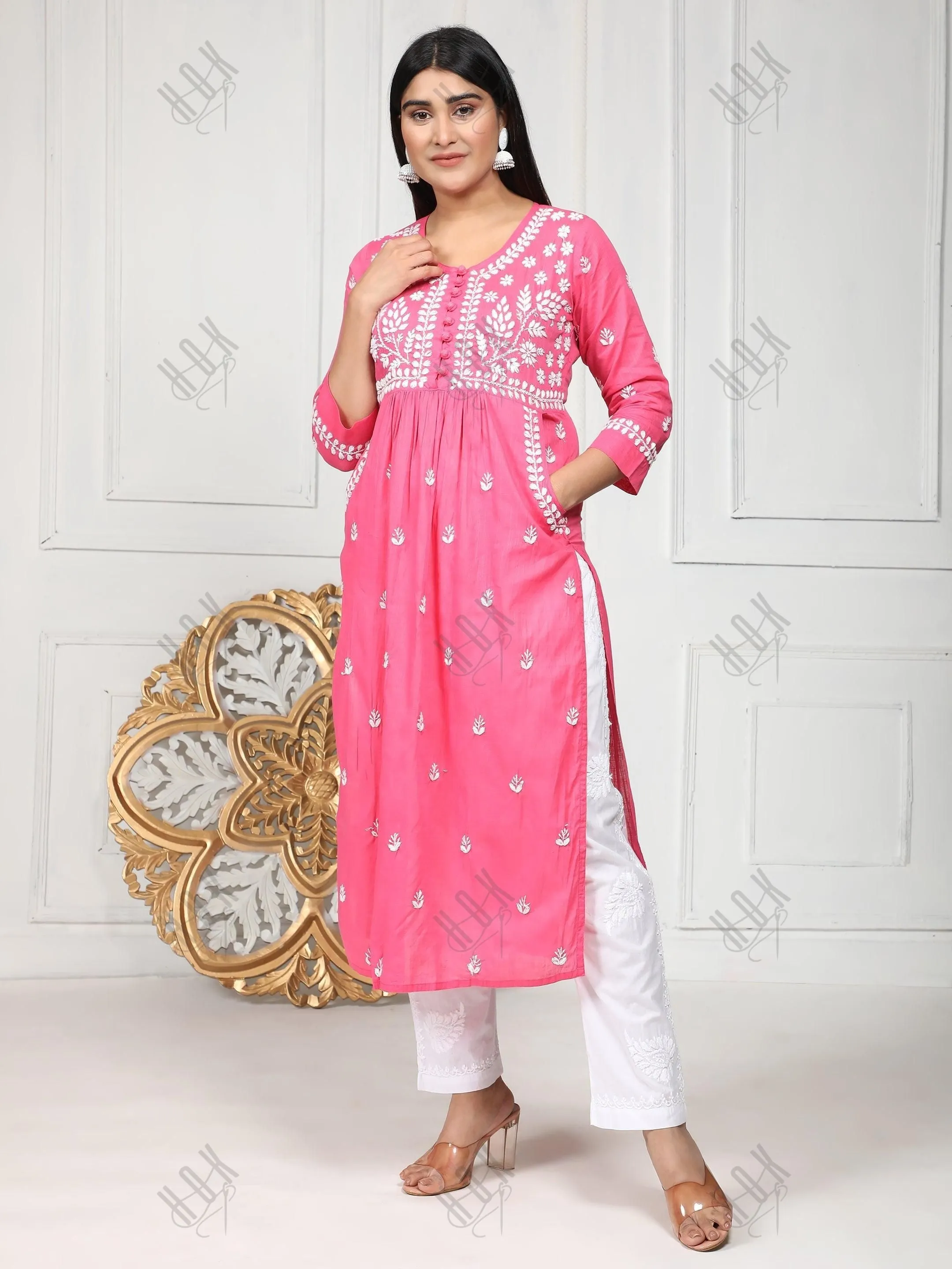 Fizaa Chikankari Long Kurti In Cotton For Women With Pocket