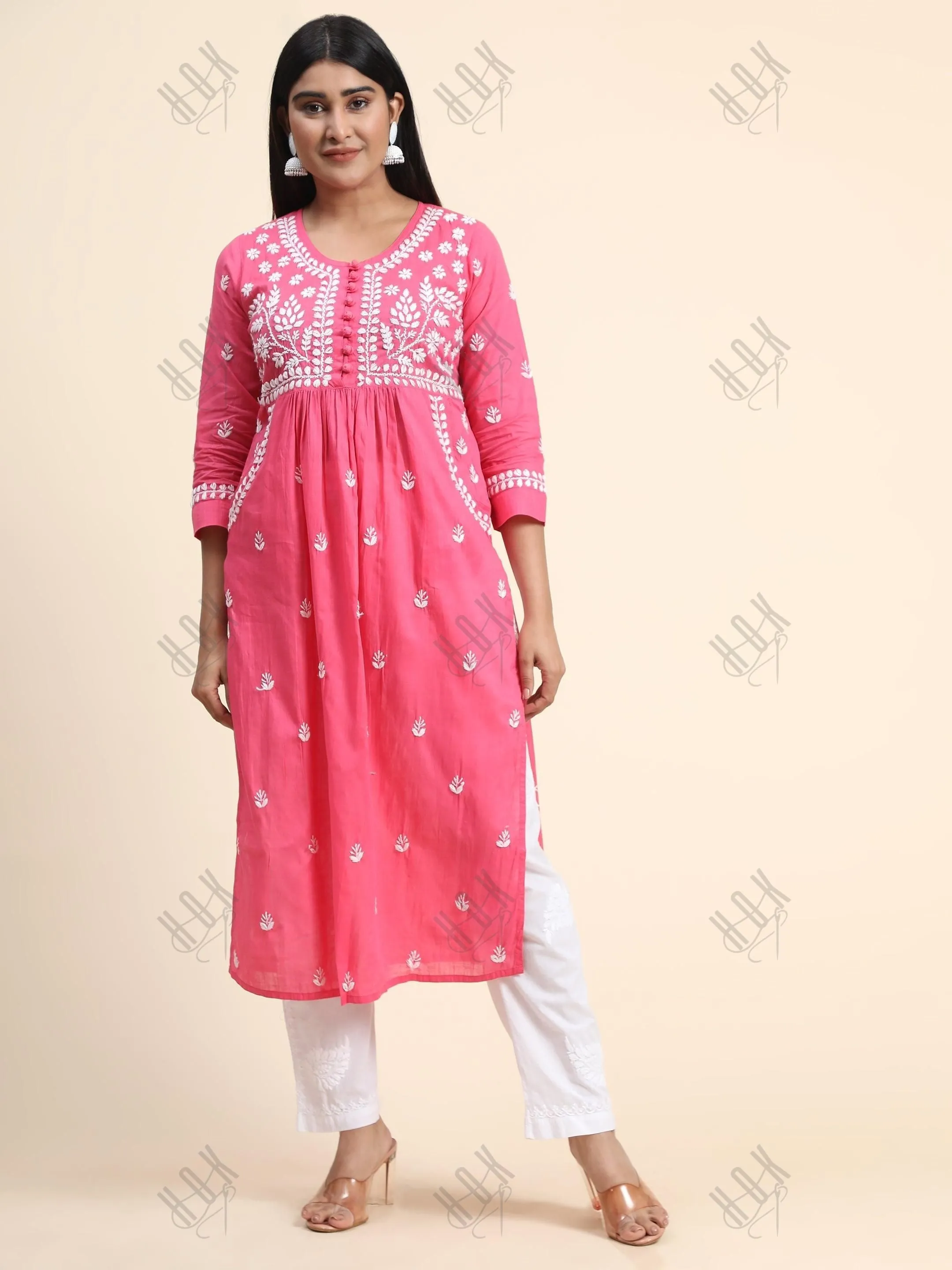 Fizaa Chikankari Long Kurti In Cotton For Women With Pocket